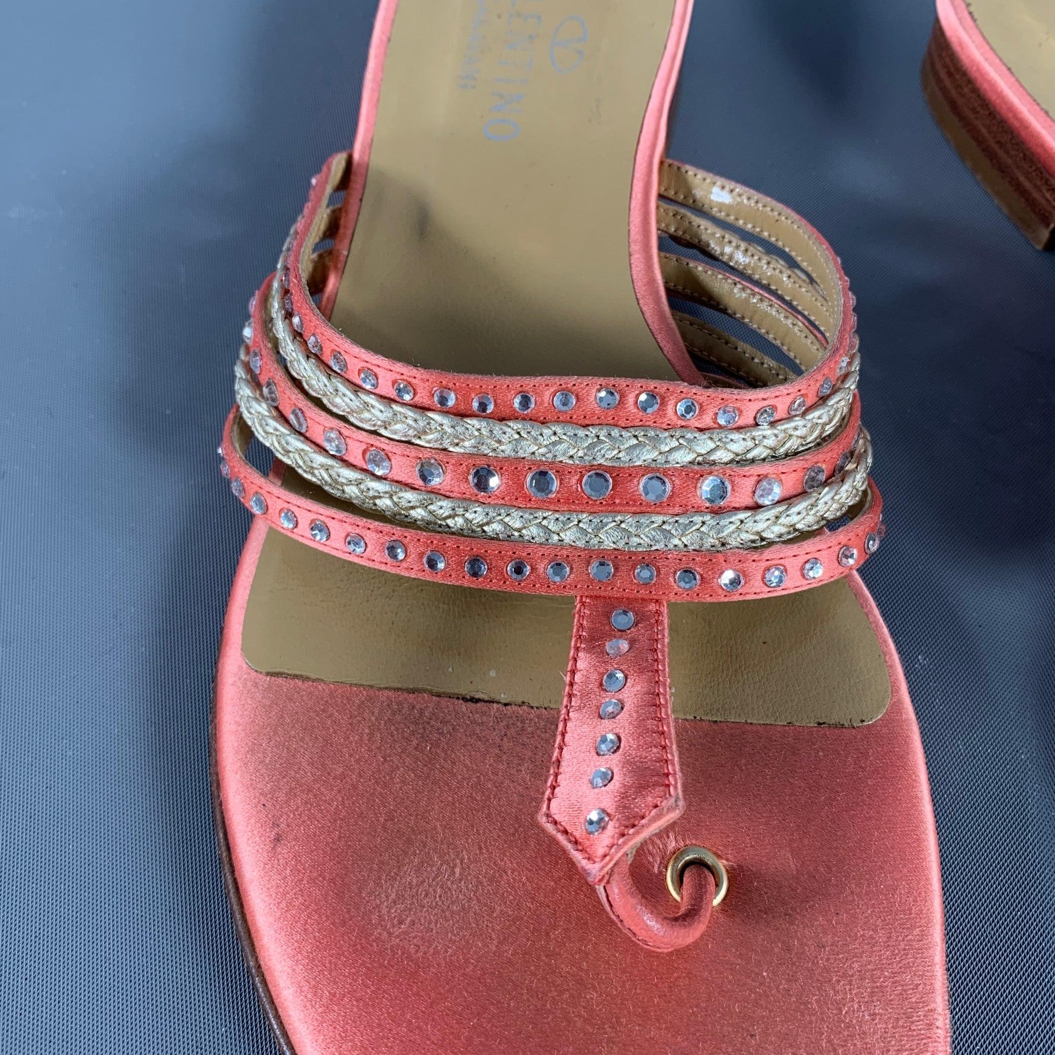 VALENTINO Size 8 Pink Silver Silk Rhinestones Thong Flats For Sale 3
