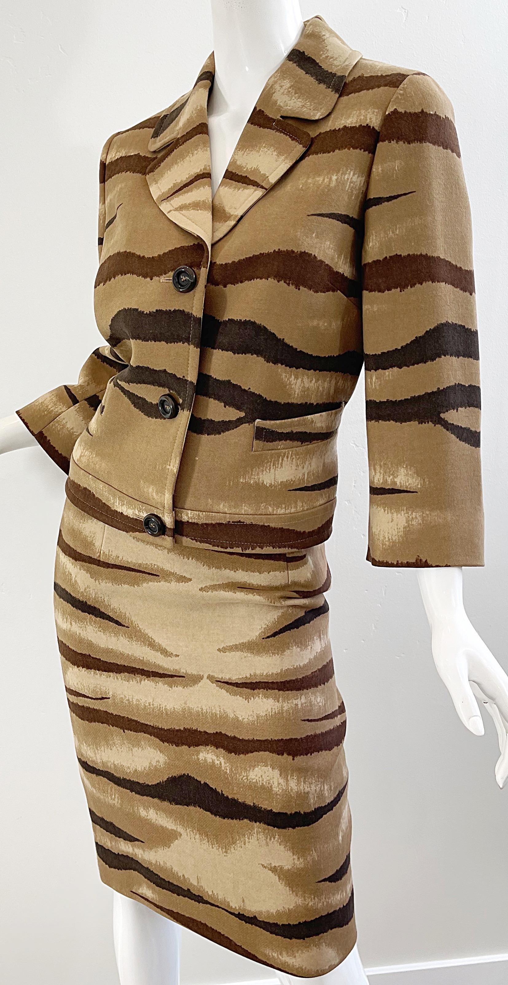 Valentino Size 8 Tiger Animal Zebra Print Brown Tan Camel 2000s Skirt Suit  3