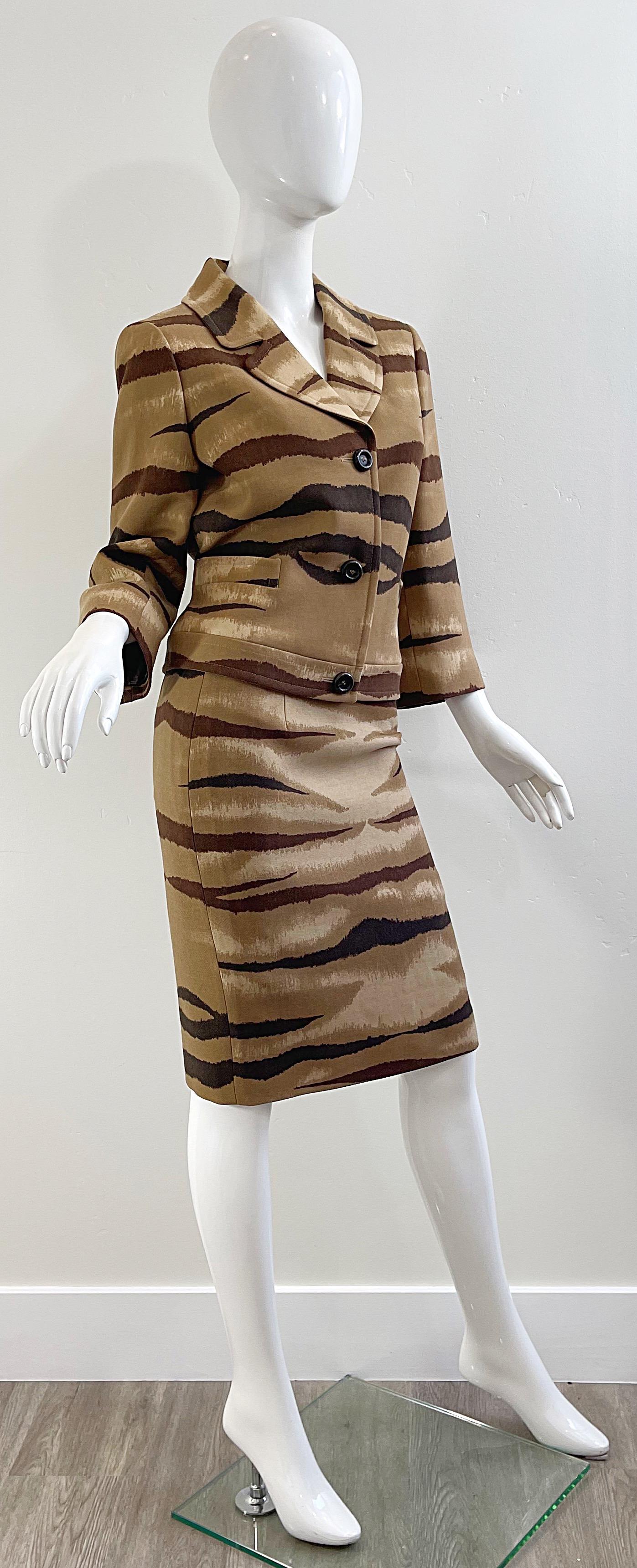 Valentino Size 8 Tiger Animal Zebra Print Brown Tan Camel 2000s Skirt Suit  5