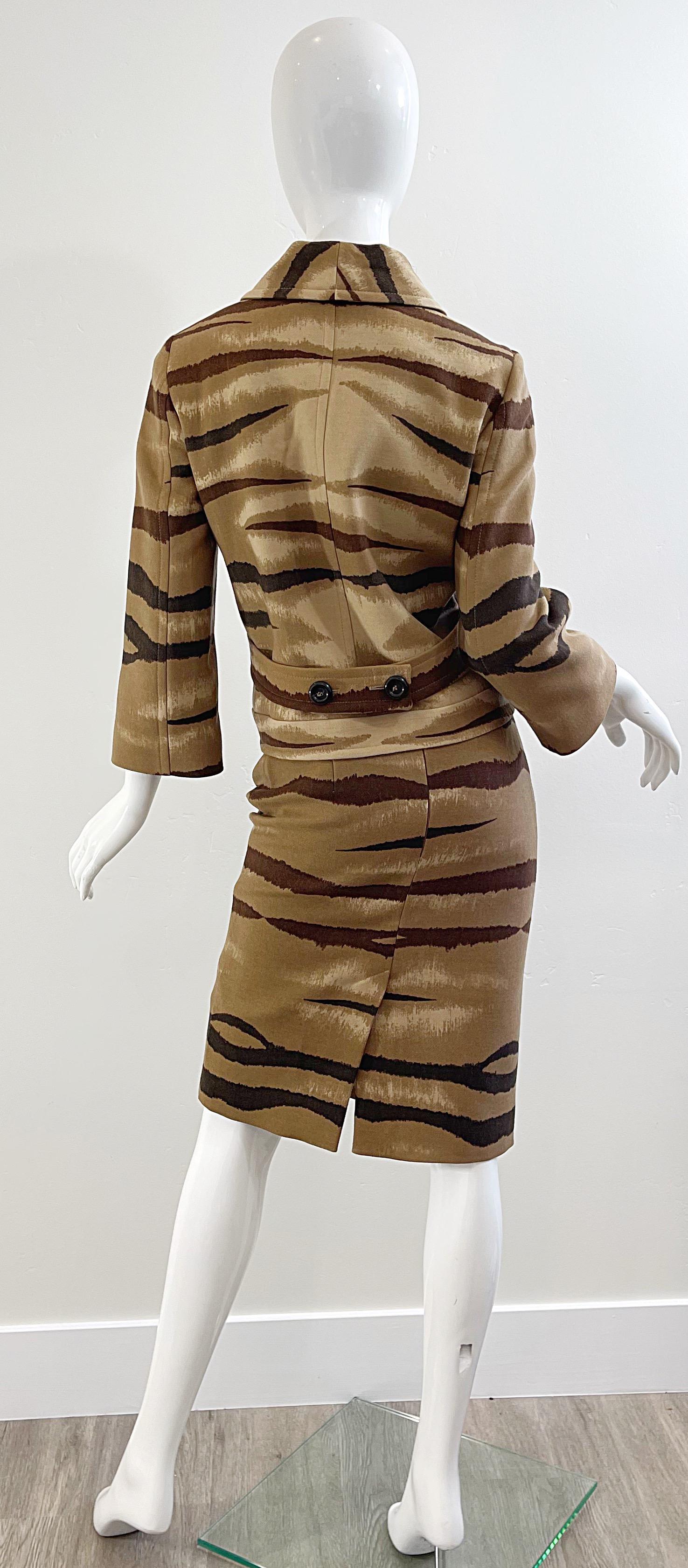 Valentino Size 8 Tiger Animal Zebra Print Brown Tan Camel 2000s Skirt Suit  6