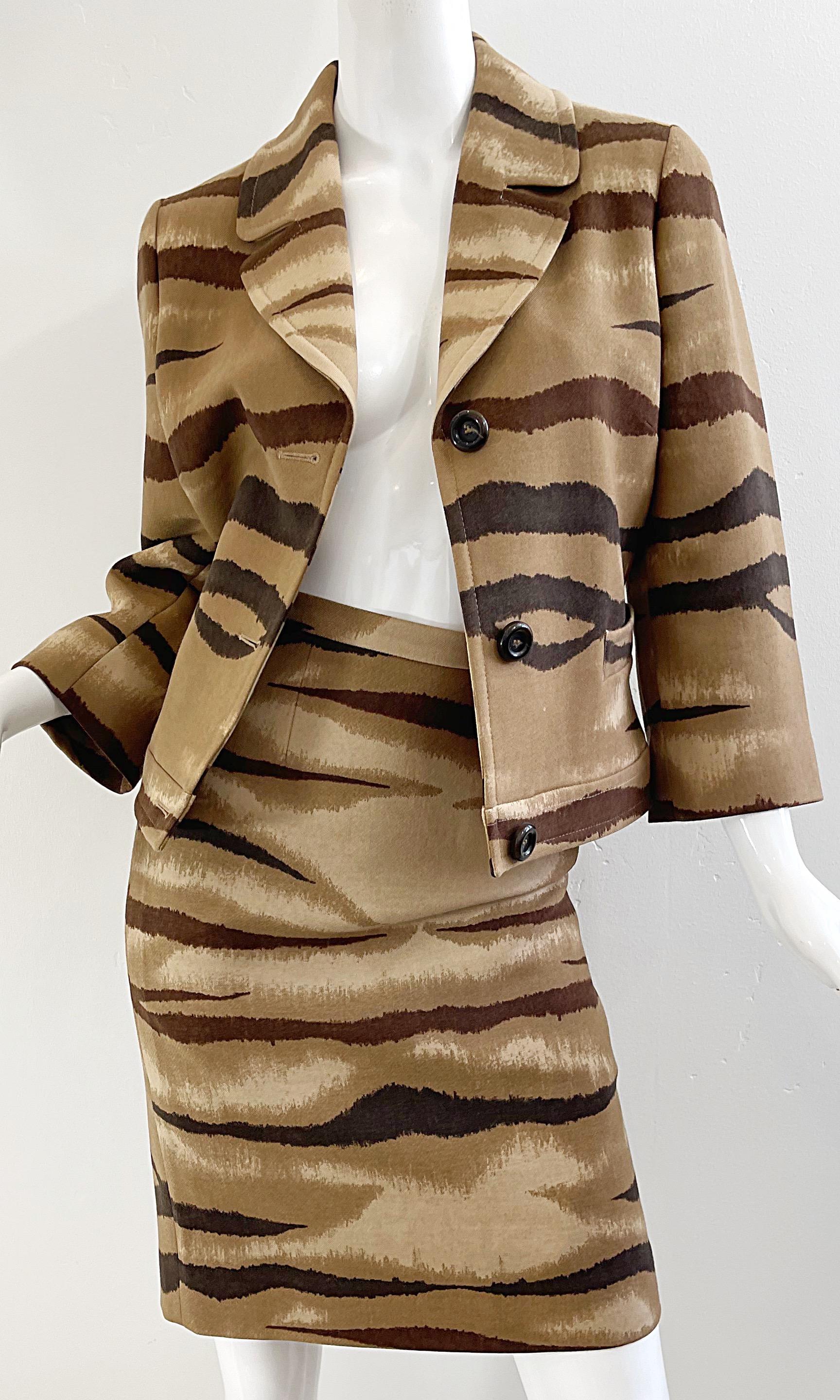 Valentino Size 8 Tiger Animal Zebra Print Brown Tan Camel 2000s Skirt Suit  7