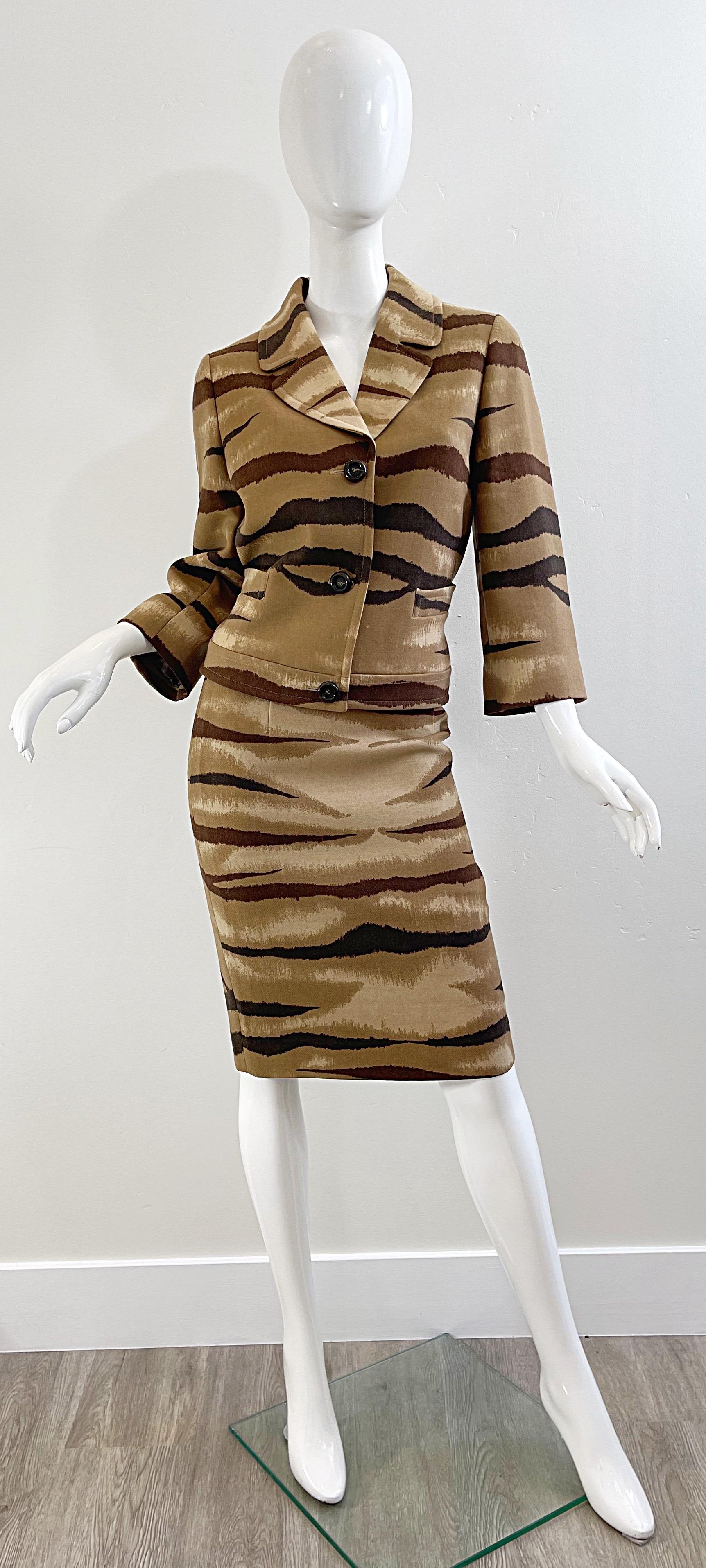 Valentino Size 8 Tiger Animal Zebra Print Brown Tan Camel 2000s Skirt Suit  9