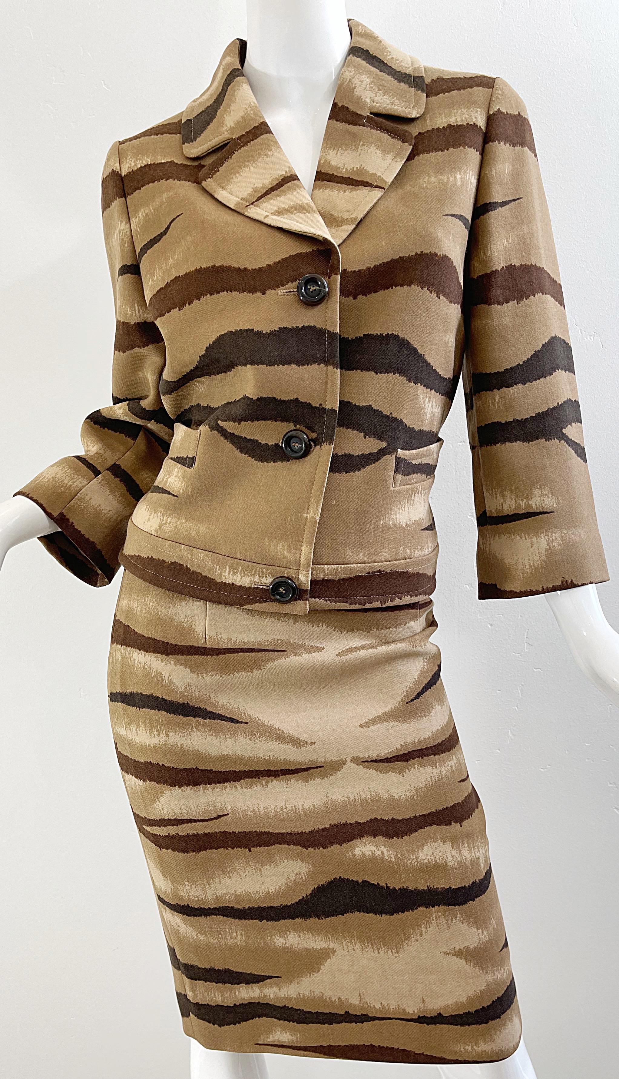 Women's Valentino Size 8 Tiger Animal Zebra Print Brown Tan Camel 2000s Skirt Suit 
