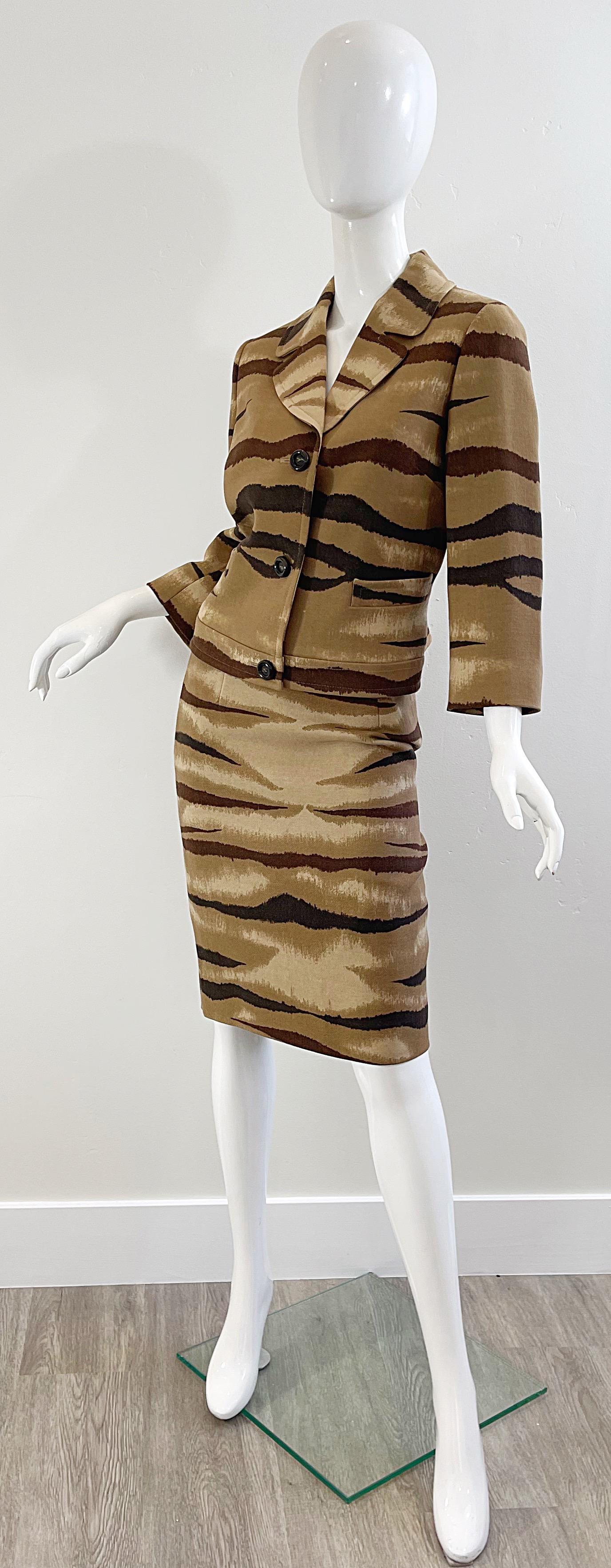Valentino Size 8 Tiger Animal Zebra Print Brown Tan Camel 2000s Skirt Suit  2