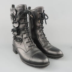 Valentino Black Leather Floral Applique Lace Up Combat Boots