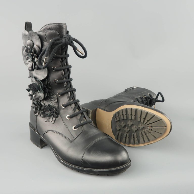 Valentino Black Leather Floral Applique Lace Up Combat Boots at 1stDibs