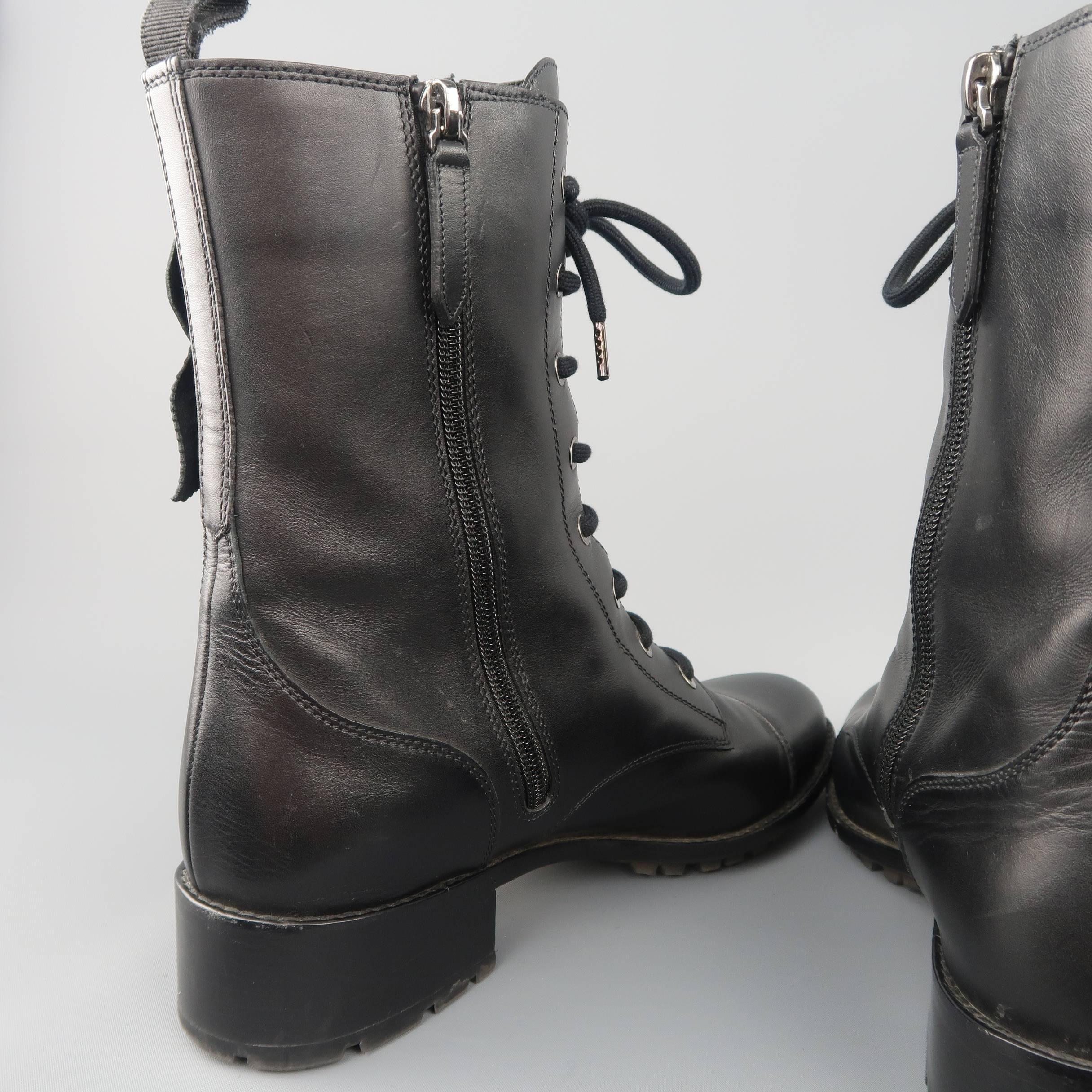 Women's Valentino Black Leather Floral Applique Lace Up Combat Boots