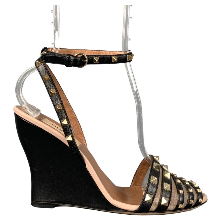 VALENTINO Size 8.5 Black Leather Rockstud Ankle Strap Wedges For Sale