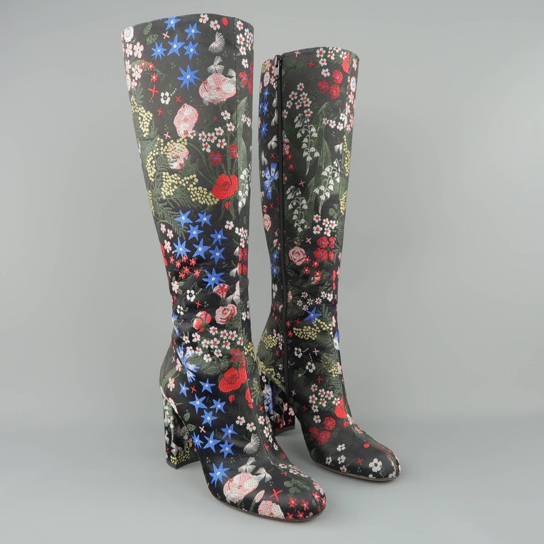 Valentino Boots - Pre-Fall 2015 Runway - Black MultiColor Floral Satin Knee  High For Sale at 1stDibs