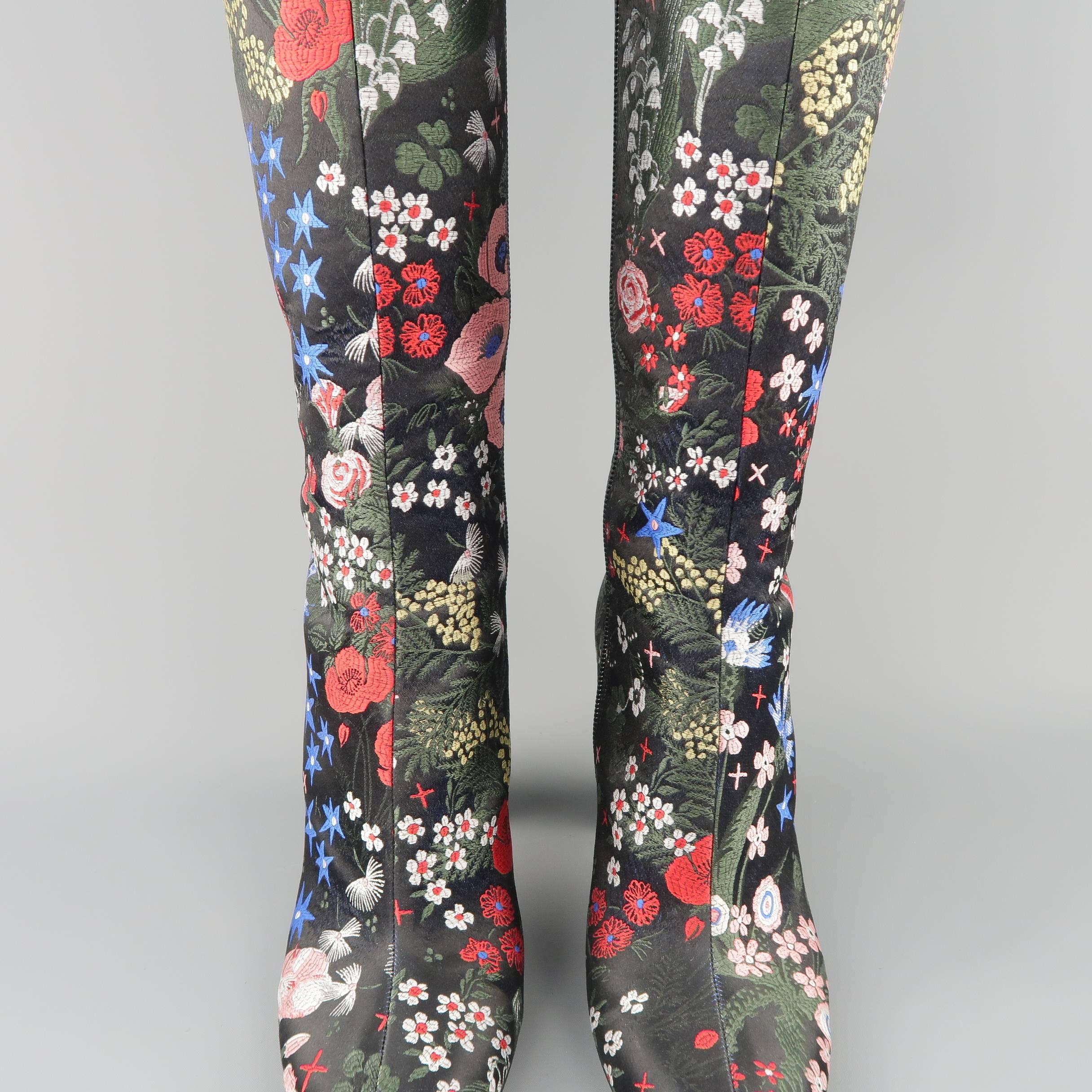 Valentino Boots - Pre-Fall 2015 Runway - Black MultiColor Floral Satin Knee  High For Sale at 1stDibs