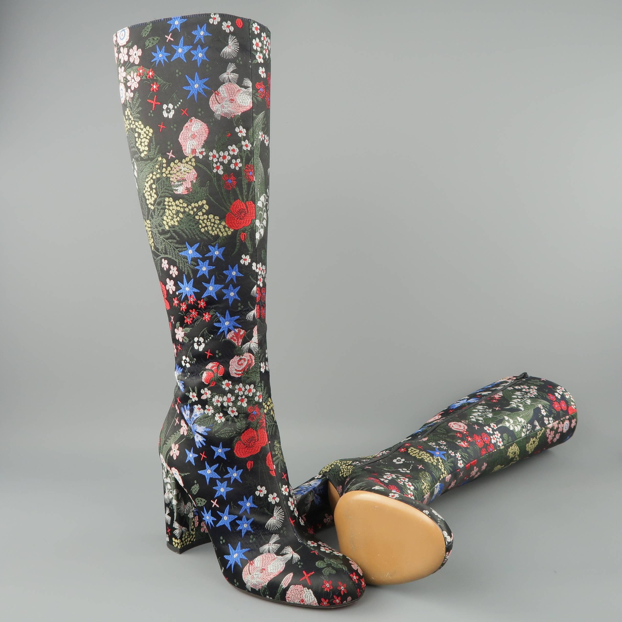 Women's Valentino Boots - Pre-Fall 2015 Runway - Black MultiColor Floral Satin Knee High