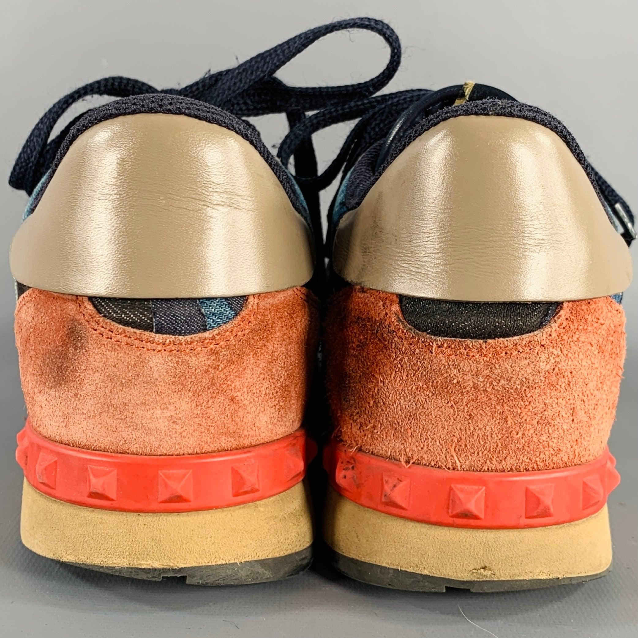 VALENTINO Size 9 Black Blue Red Color Block Leather Rubber Sole Sneakers In Good Condition For Sale In San Francisco, CA