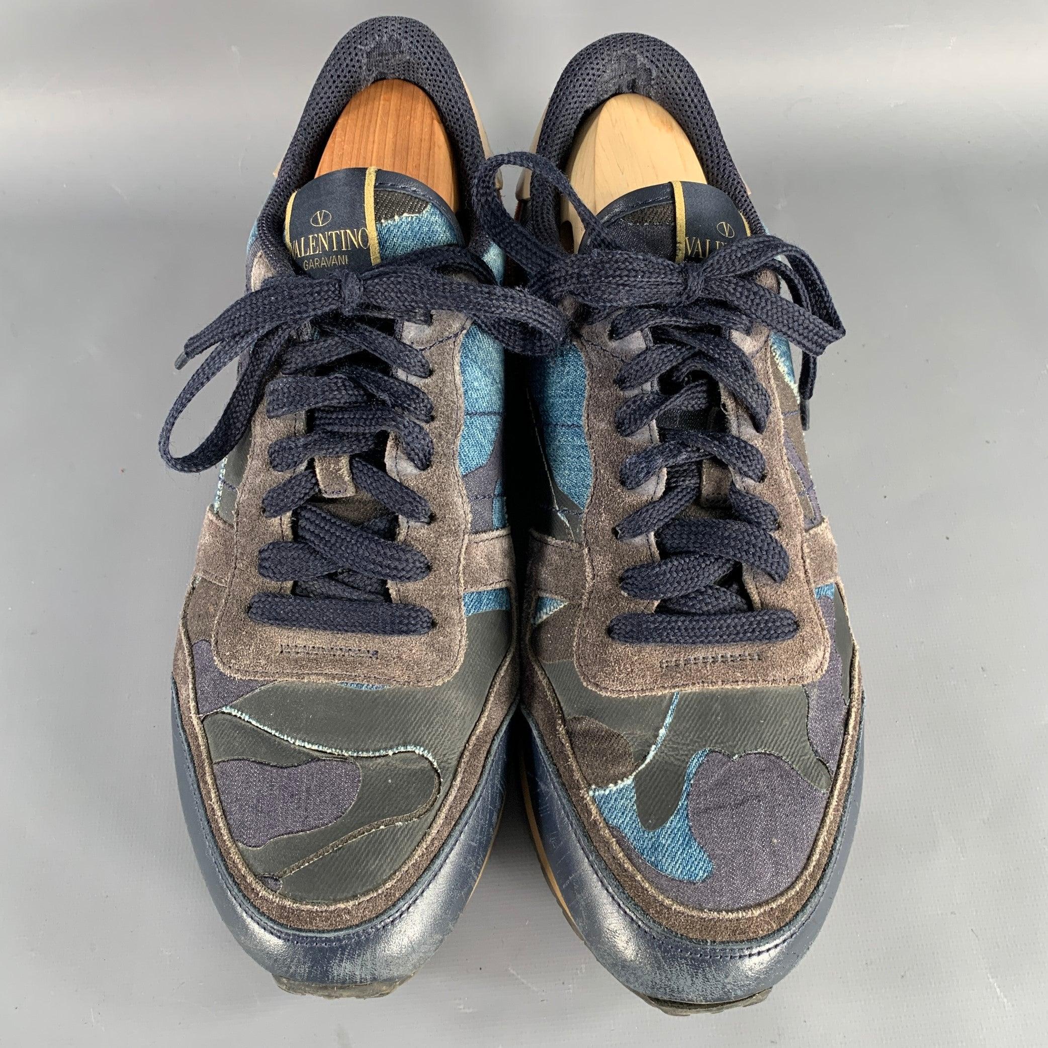 Men's VALENTINO Size 9 Black Blue Red Color Block Leather Rubber Sole Sneakers For Sale