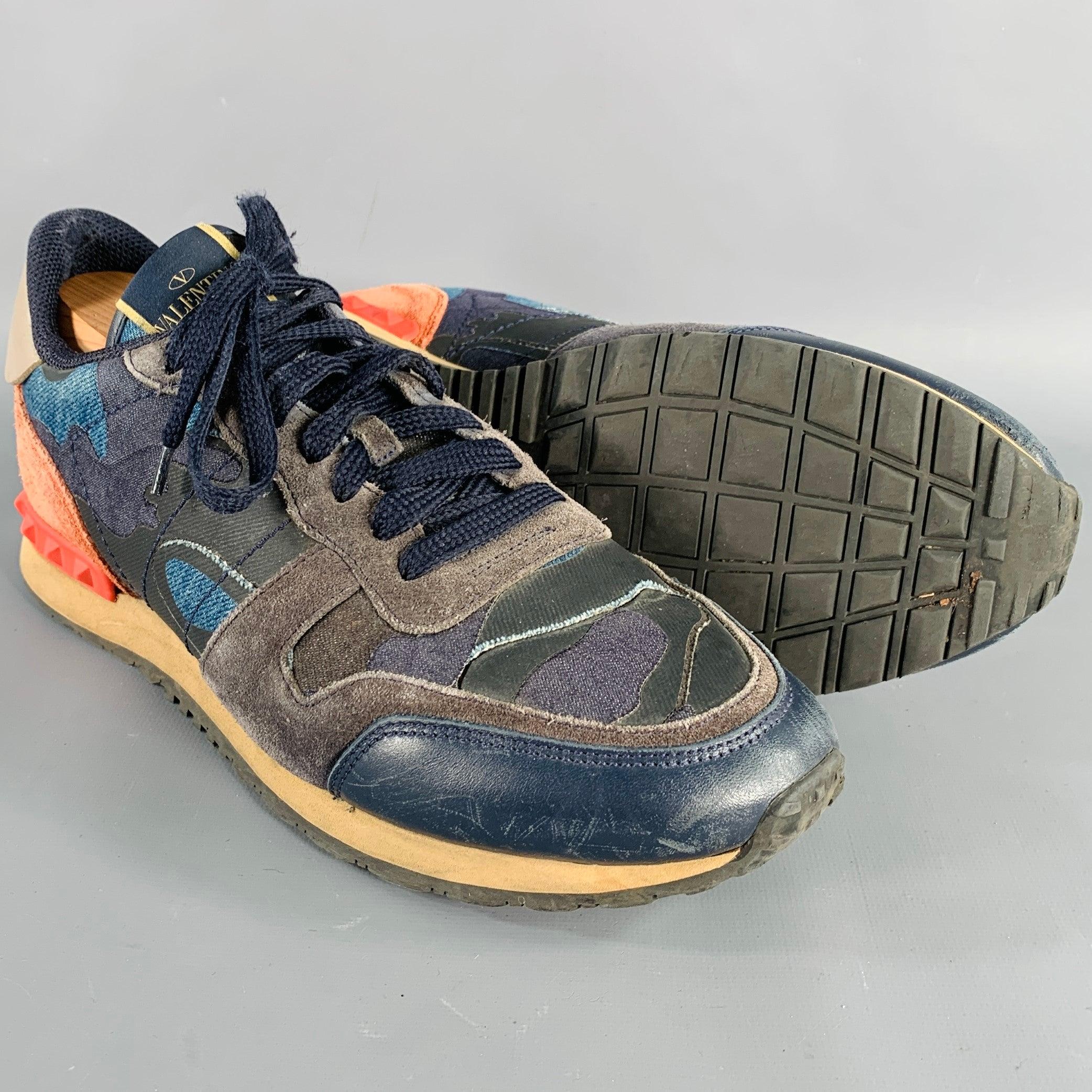 VALENTINO Size 9 Black Blue Red Color Block Leather Rubber Sole Sneakers For Sale 1