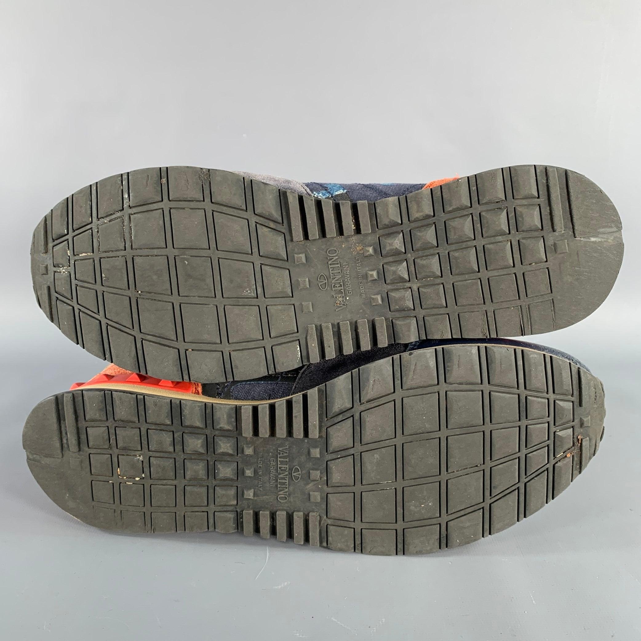 VALENTINO Size 9 Black Blue Red Color Block Leather Rubber Sole Sneakers For Sale 2