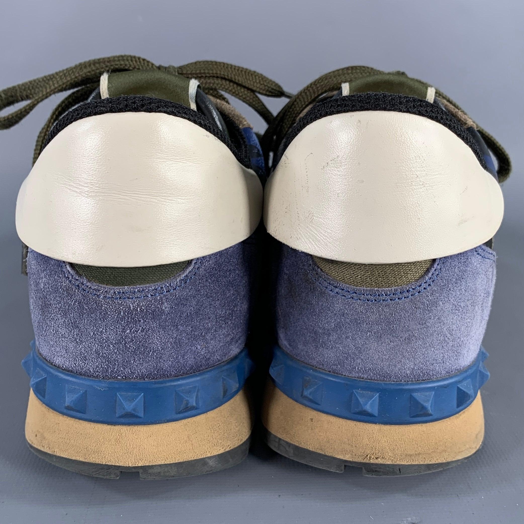 Gray VALENTINO Size 9.5 Blue Taupe Color Block Leather Rubber Sole Sneakers For Sale