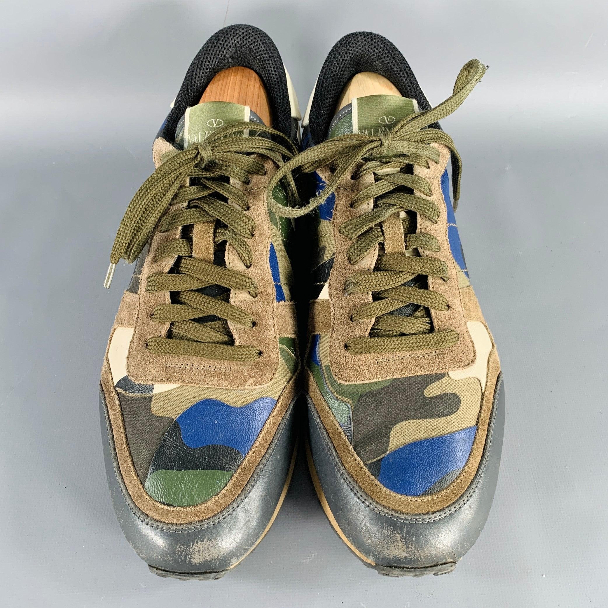 VALENTINO Size 9.5 Blue Taupe Color Block Leather Rubber Sole Sneakers In Good Condition For Sale In San Francisco, CA