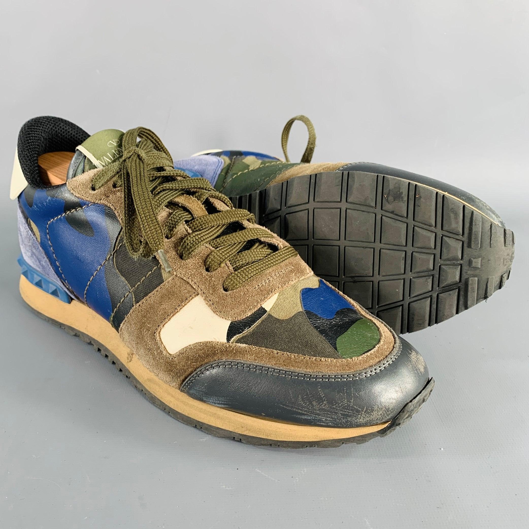 Men's VALENTINO Size 9.5 Blue Taupe Color Block Leather Rubber Sole Sneakers For Sale