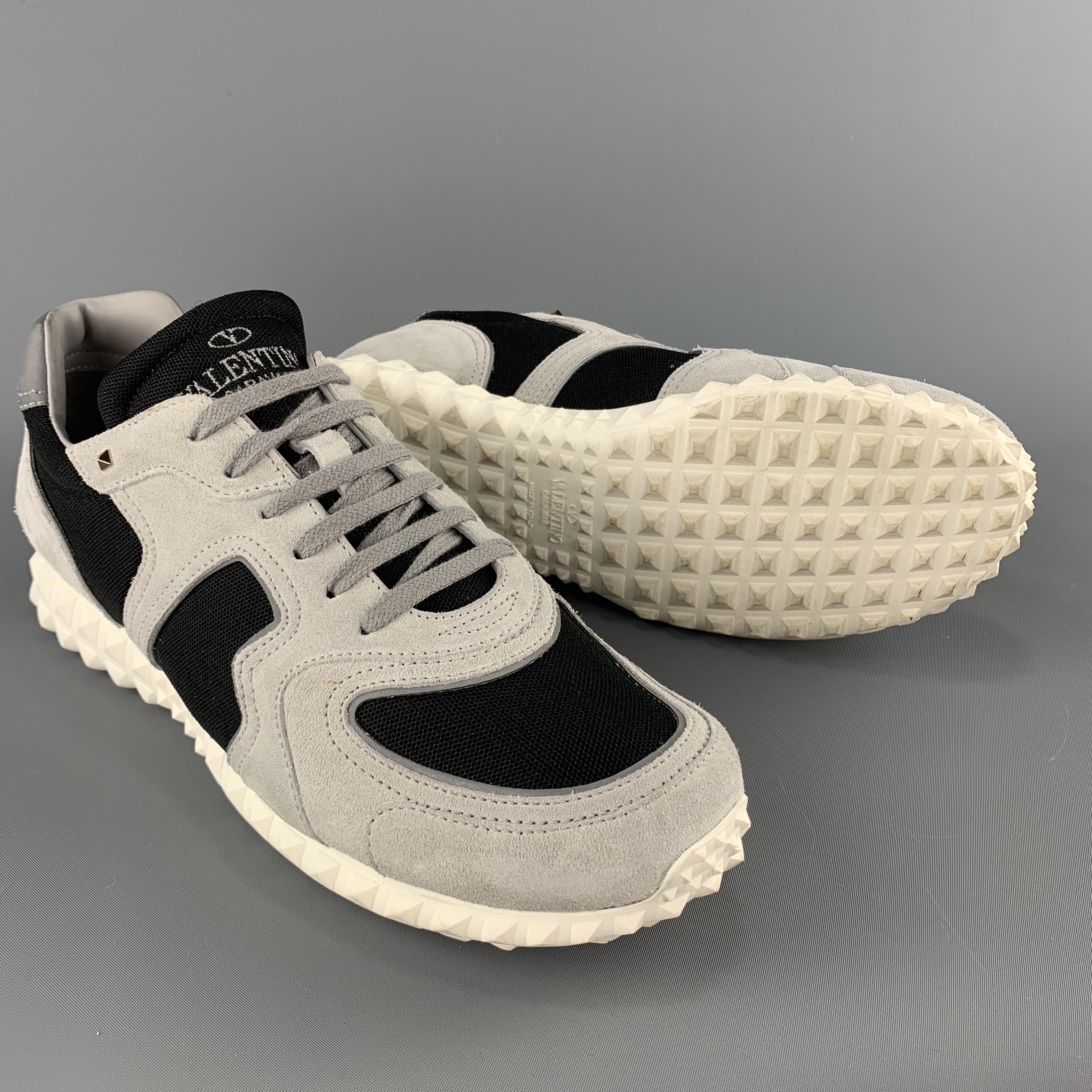 Beige VALENTINO Size 9.5 Gray & Black Suede Reflective Rockstud Sneakers