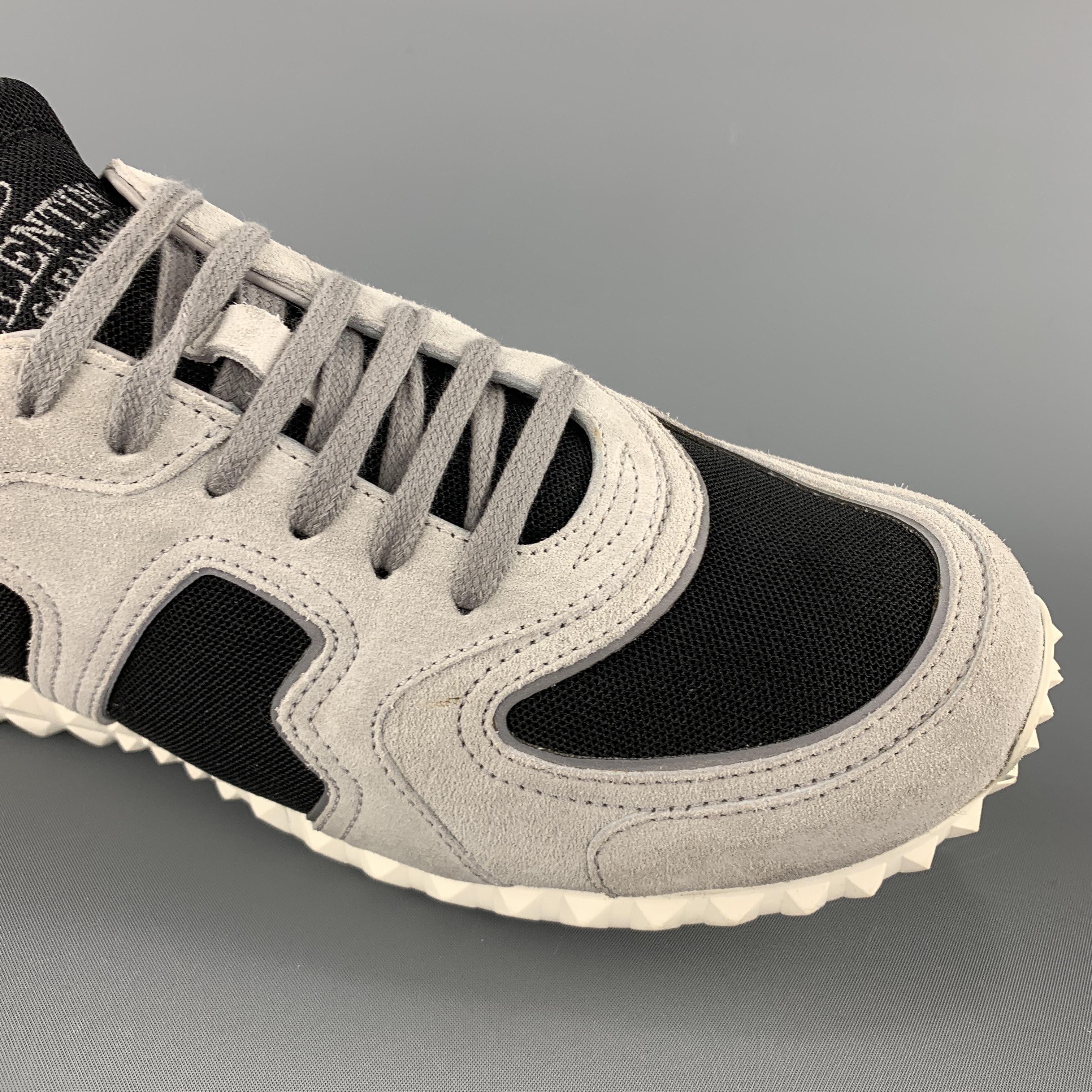 VALENTINO Size 9.5 Gray & Black Suede Reflective Rockstud Sneakers In Good Condition In San Francisco, CA