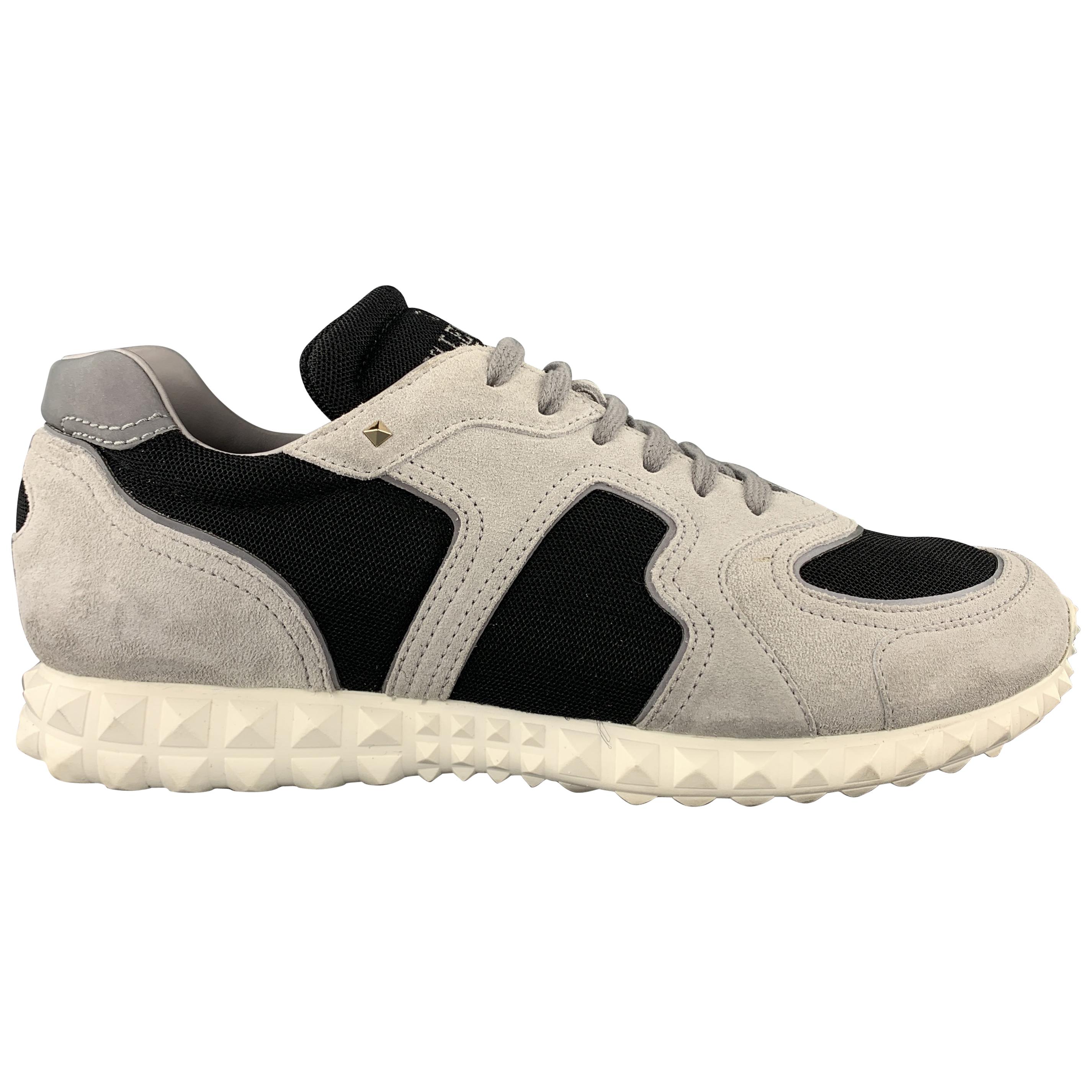 VALENTINO Size 9.5 Gray & Black Suede Reflective Rockstud Sneakers