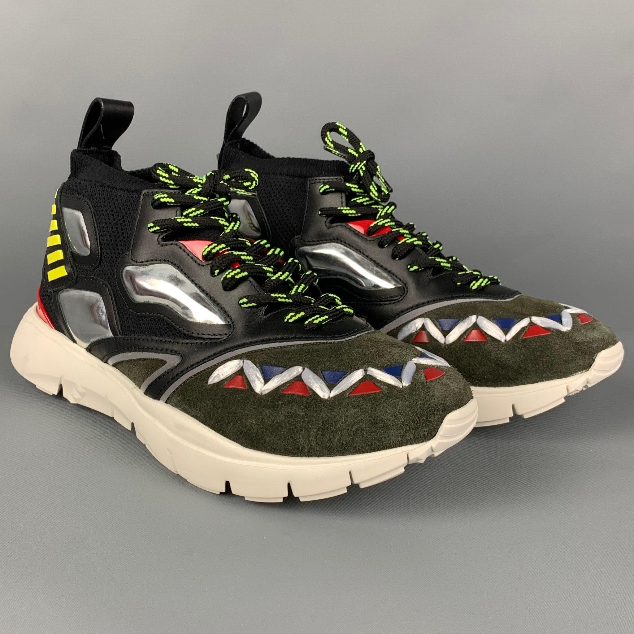 VALENTINO sneakers comes in a multi-color mixed materials featuring a low top style, metallic trim, rubber sole, and a lace up closure. Made in Italy.
New With Box. 

Marked:   42.5Outsole: 12.25 inches  x 4 inches 
  
  
 
Reference: