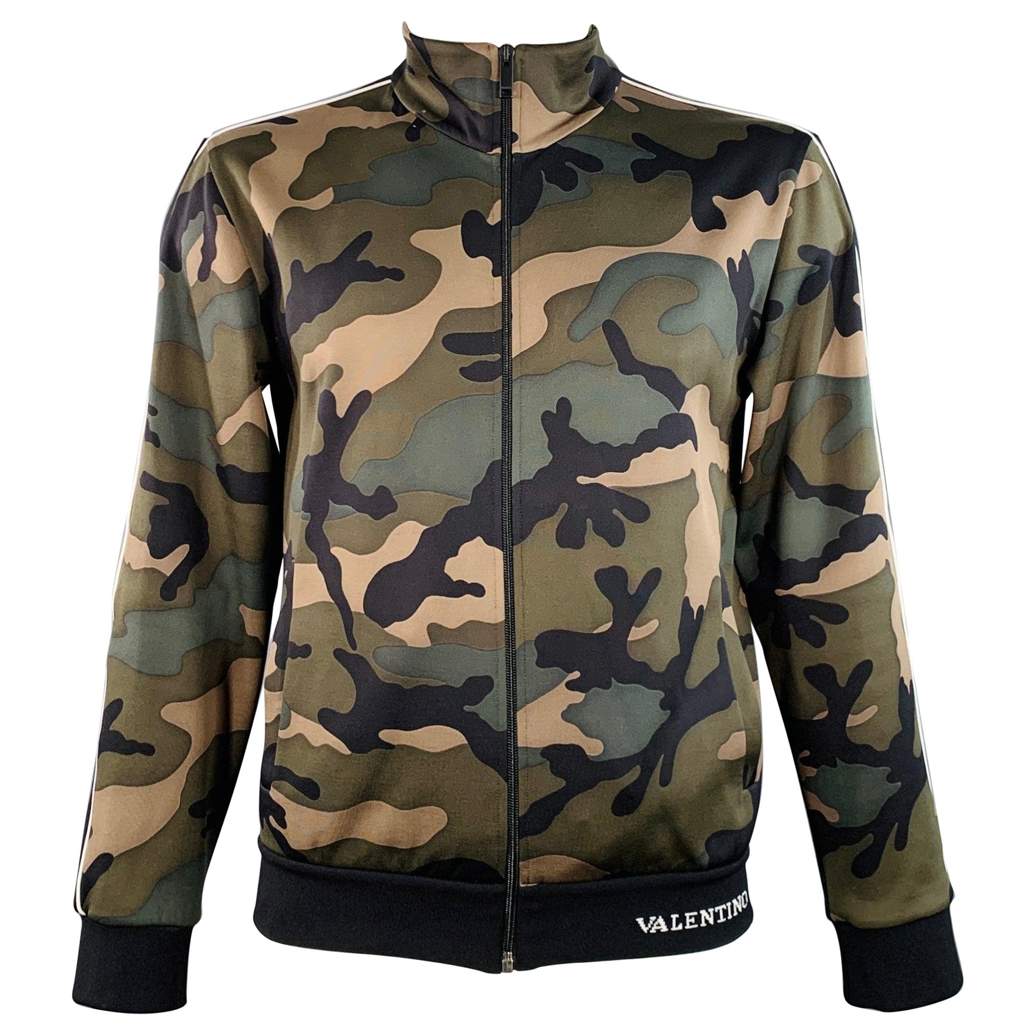 VALENTINO Größe L Schwarz Grün Camo Polyamid Baumwolle Zip Up Sweatshirt im Angebot