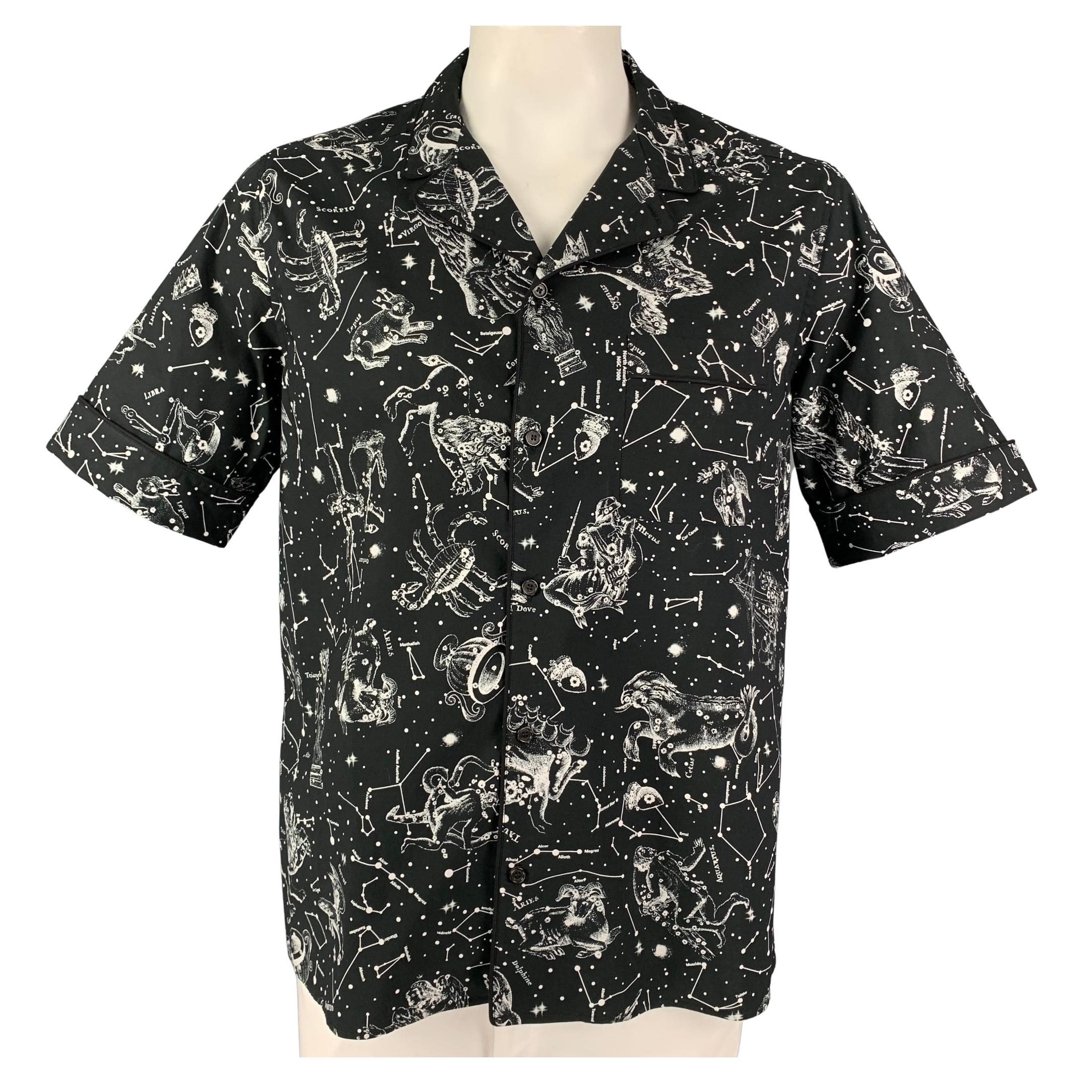 VALENTINO Size L Black White Print Cotton Camp Short Sleeve Shirt