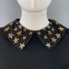 VALENTINO Size M Black Gold Viscose Blend Stars Applique Short Sleeve Dress