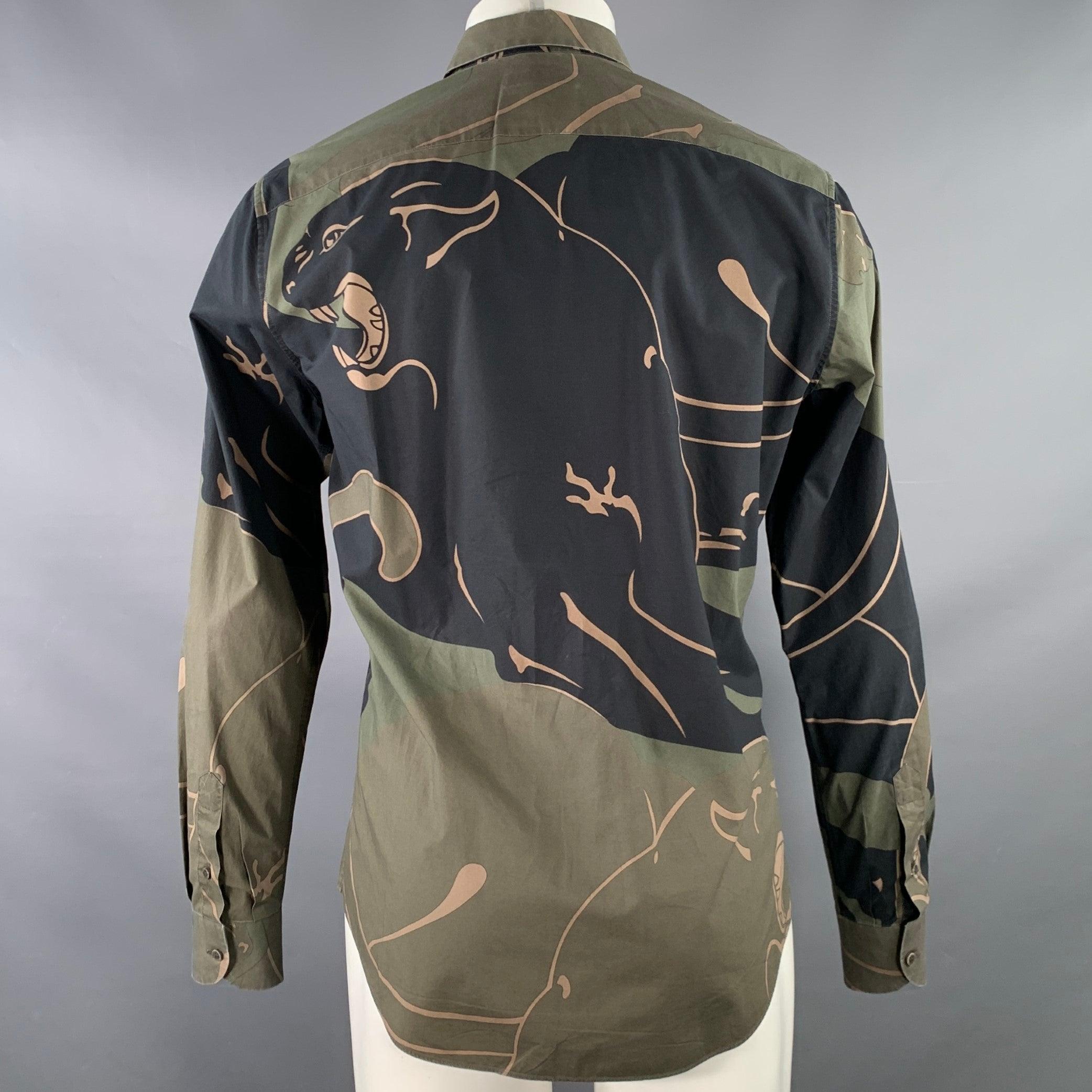 Men's VALENTINO Size M Green Black Panther Print Cotton Button Up Long Sleeve Shirt