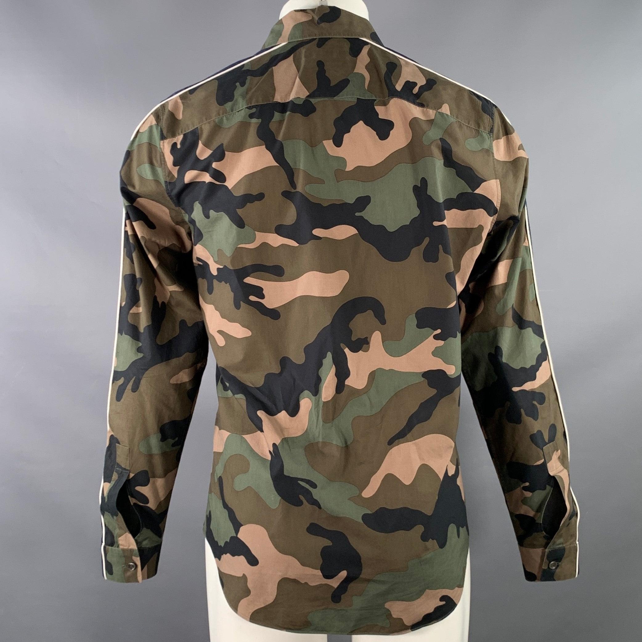 Black VALENTINO Size M Green Olive Blue Camouflage Cotton One Pocket Track Stripe Long Sleeve Shirt For Sale
