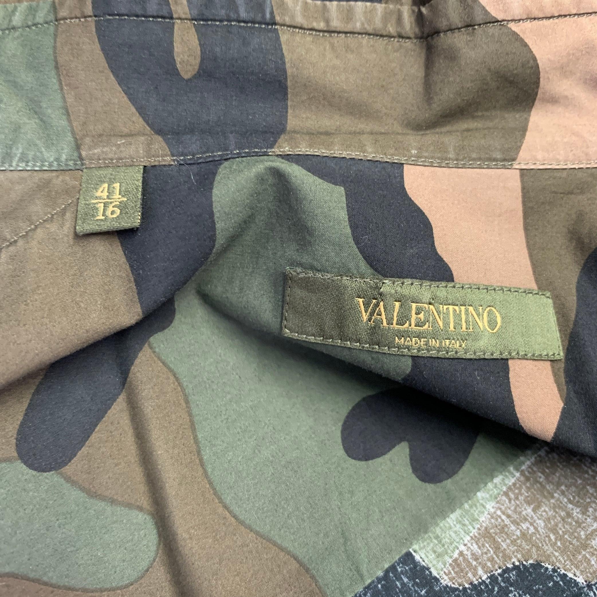 VALENTINO Size M Green Olive Blue Camouflage Cotton One Pocket Track Stripe Long Sleeve Shirt In Excellent Condition For Sale In San Francisco, CA