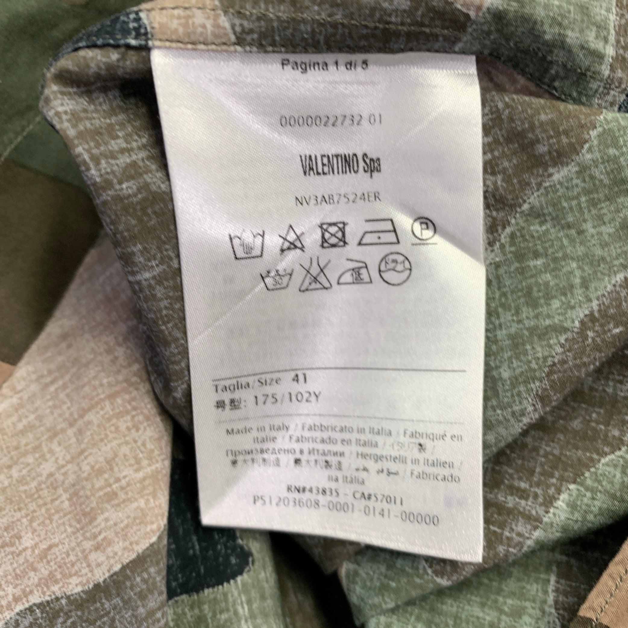 Men's VALENTINO Size M Green Olive Blue Camouflage Cotton One Pocket Track Stripe Long Sleeve Shirt For Sale