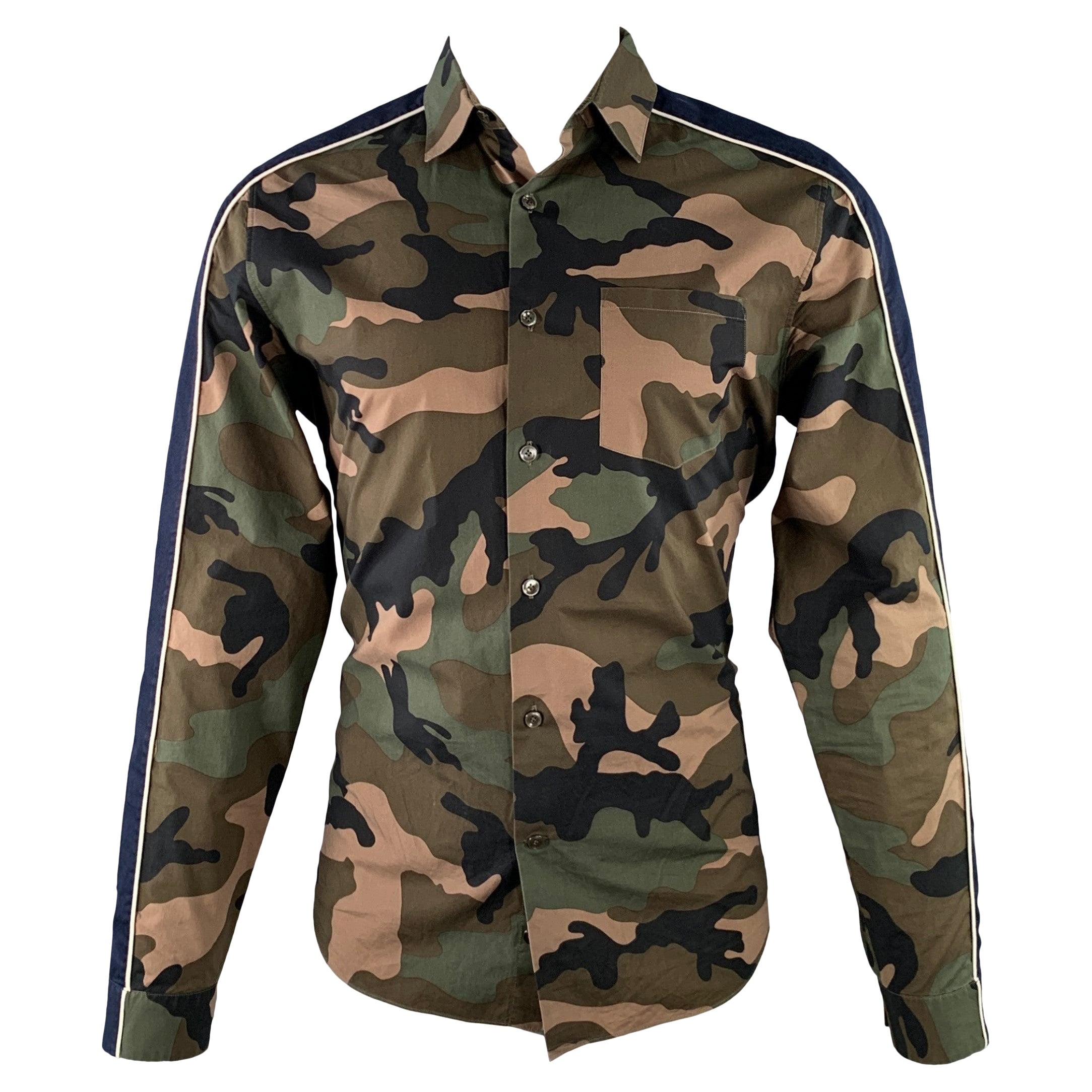 Valentino Taglia M Greene & Greene & Greene Camouflage Cotone Una Tasca Track Stripe Camicia Manica Lunga