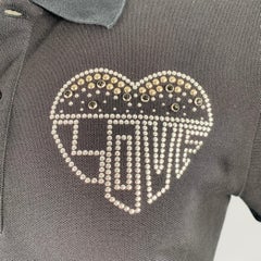 VALENTINO Size M Love Black Studded Heart Cotton Pique Buttoned Polo