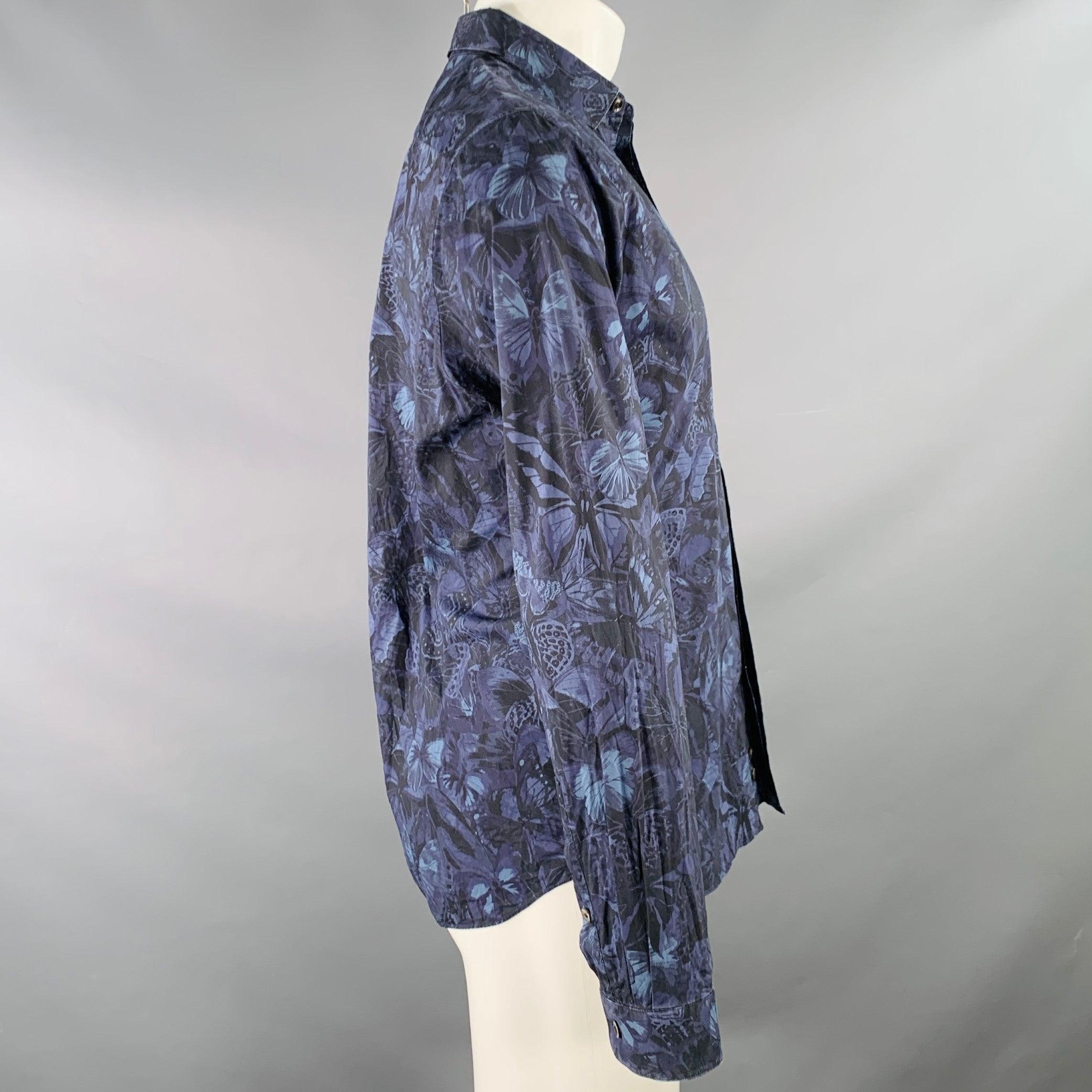 Purple VALENTINO Size M Navy Blue Black Butterfly Cotton Button Up Long Sleeve Shirt For Sale
