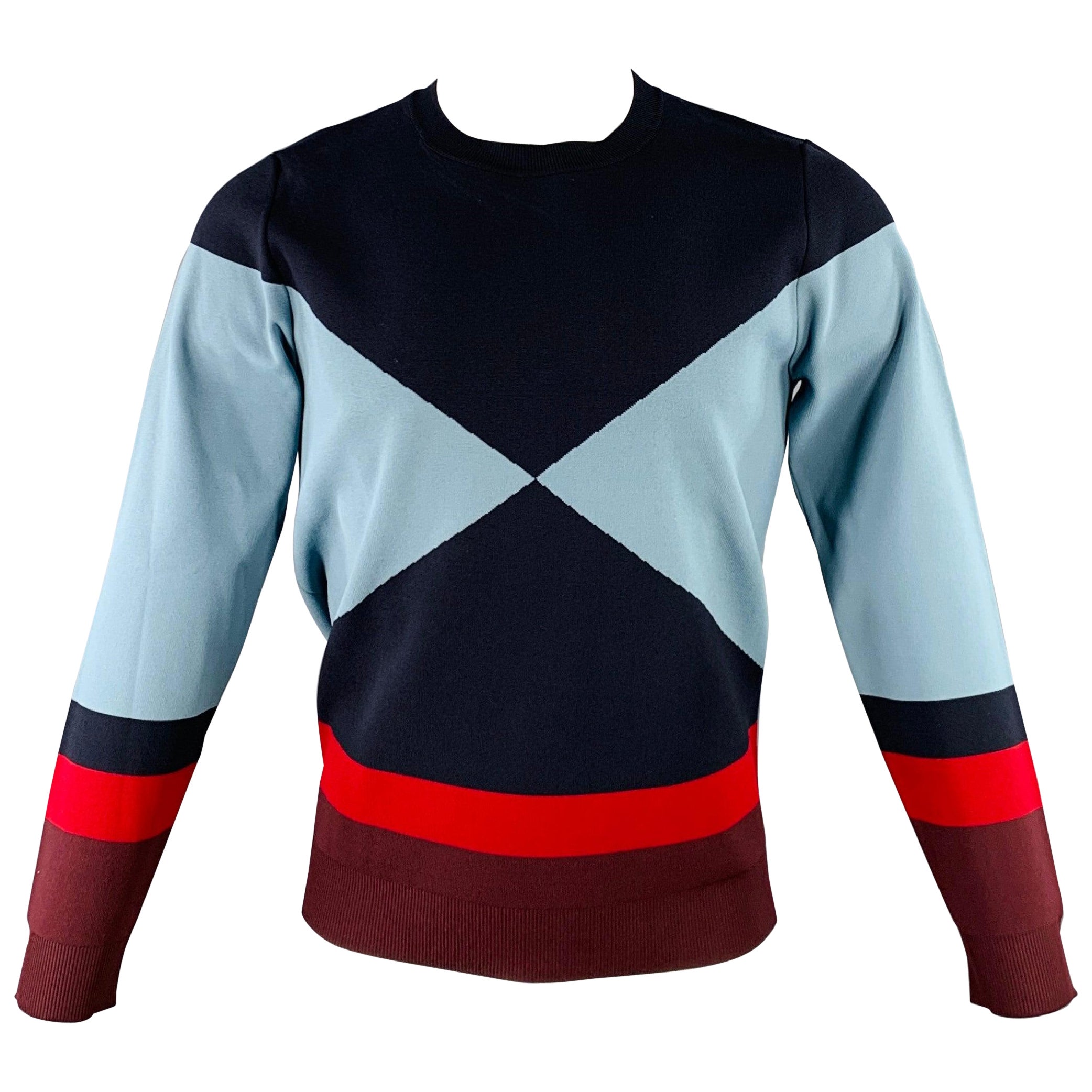 VALENTINO Talla M Azul Marino Rojo Color Bloqueado Mezcla de Viscosa Jersey Cuello Redondo en venta