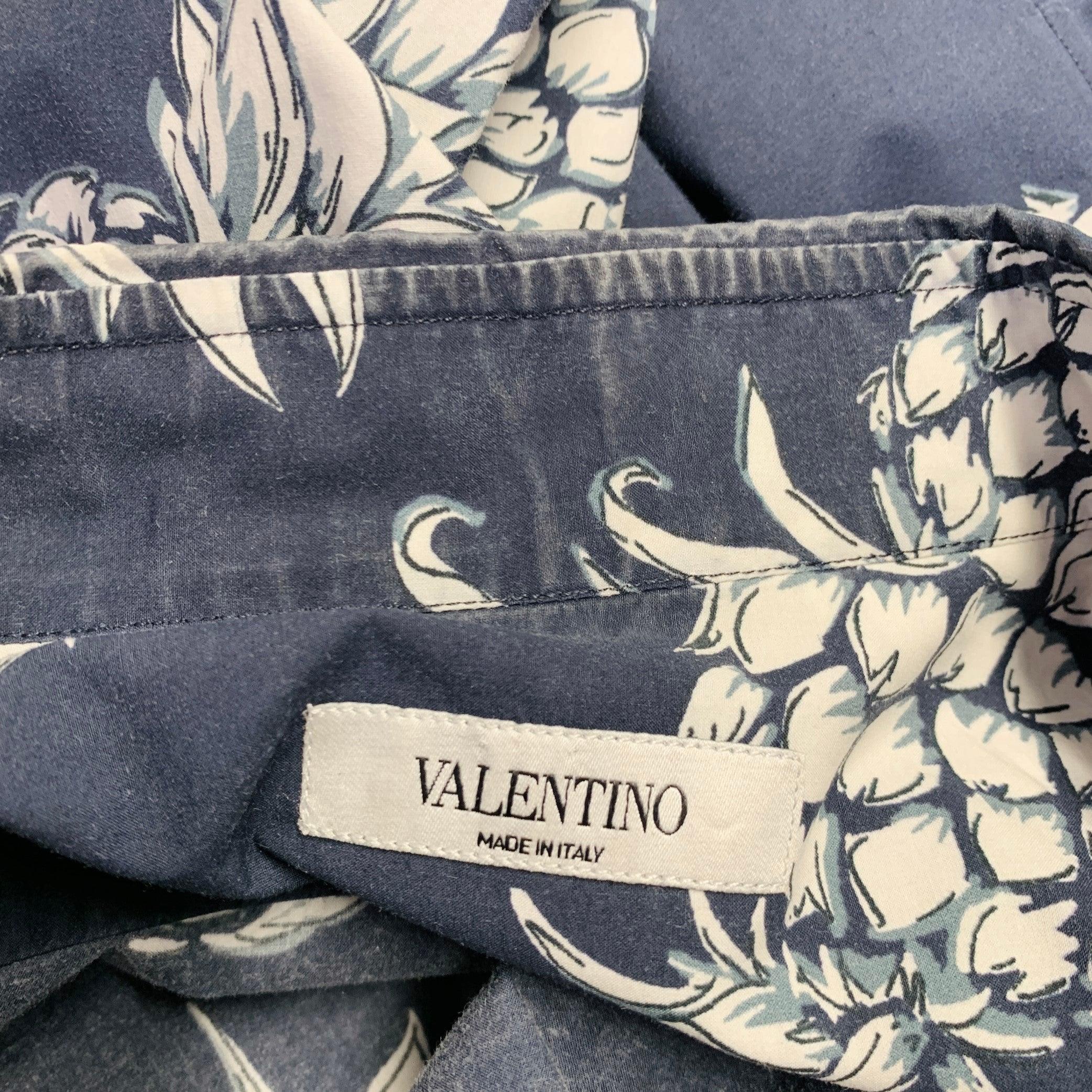 Men's VALENTINO Size M Navy White Pineapple Print Cotton Button Up Long Sleeve Shirt For Sale