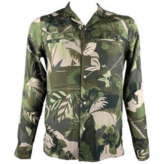 VALENTINO Size M Olive Tropical Camouflage Print Silk Button Up Shirt