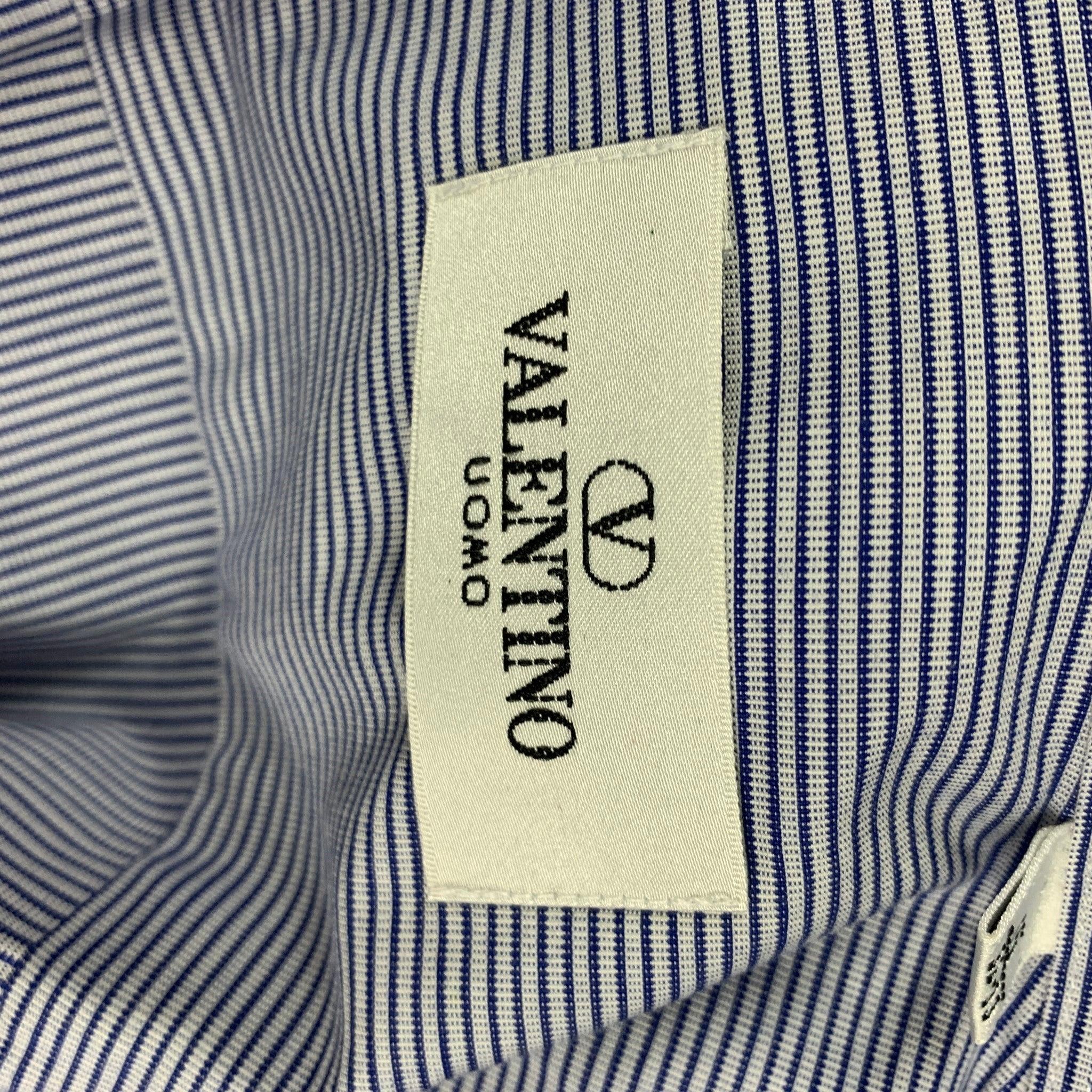 VALENTINO Size M White Navy Stripe Cotton French Cuff Long Sleeve Shirt For Sale 1