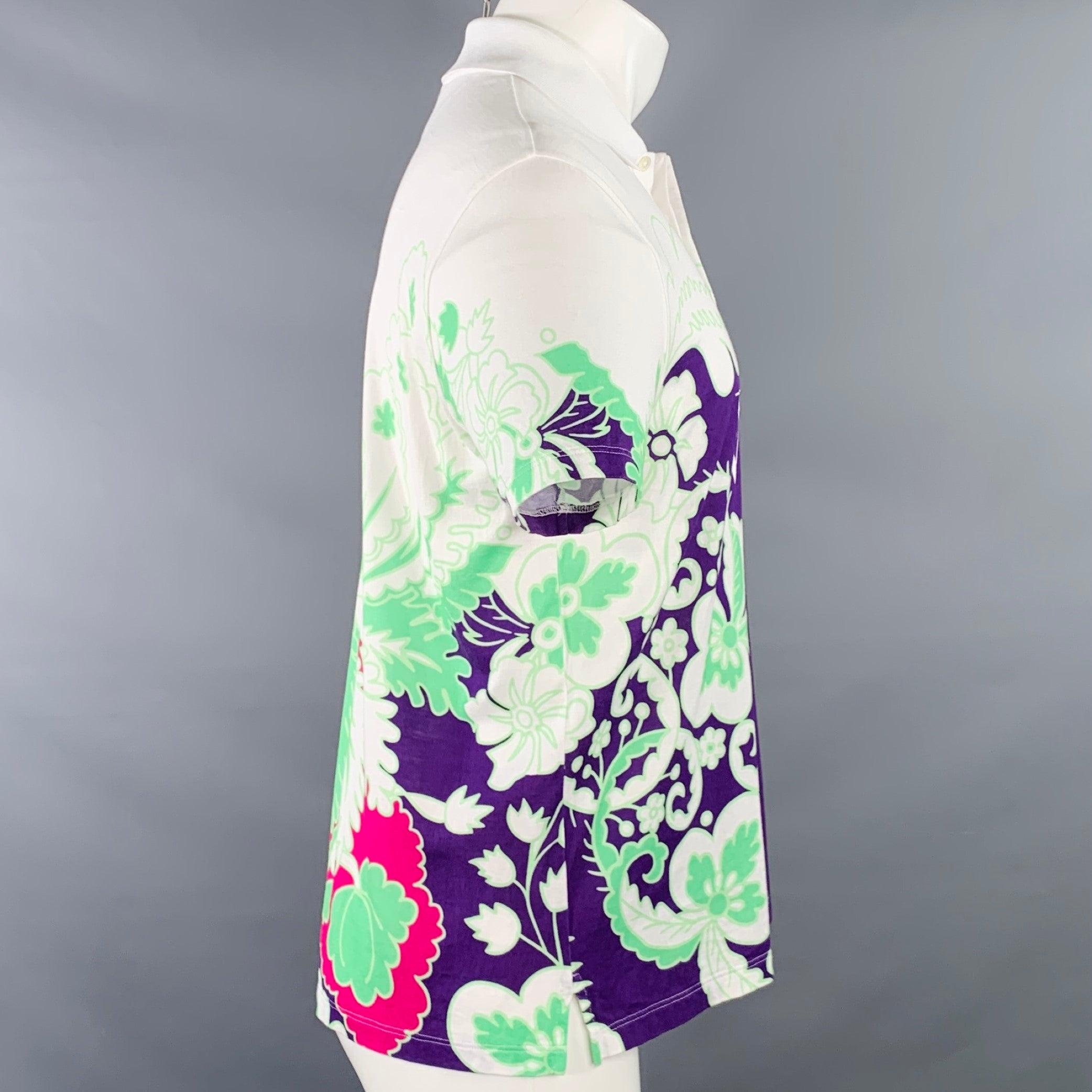 Gris VALENTINO Size M White Purple Green Abstract Floral Print Cotton Buttoned Polo en vente