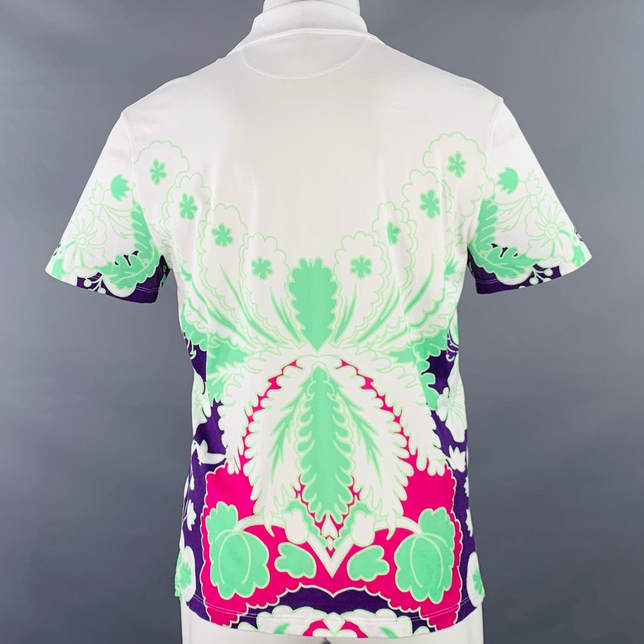VALENTINO Size M White Purple Green Abstract Floral Print Cotton Buttoned Polo Bon état - En vente à San Francisco, CA