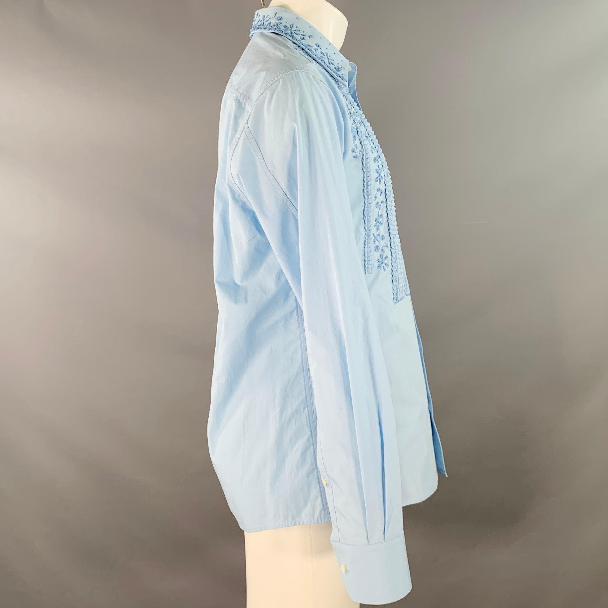 VALENTINO Size S Blue Beaded Embroidery Cotton Tuxedo Long Sleeve Shirt In Good Condition For Sale In San Francisco, CA