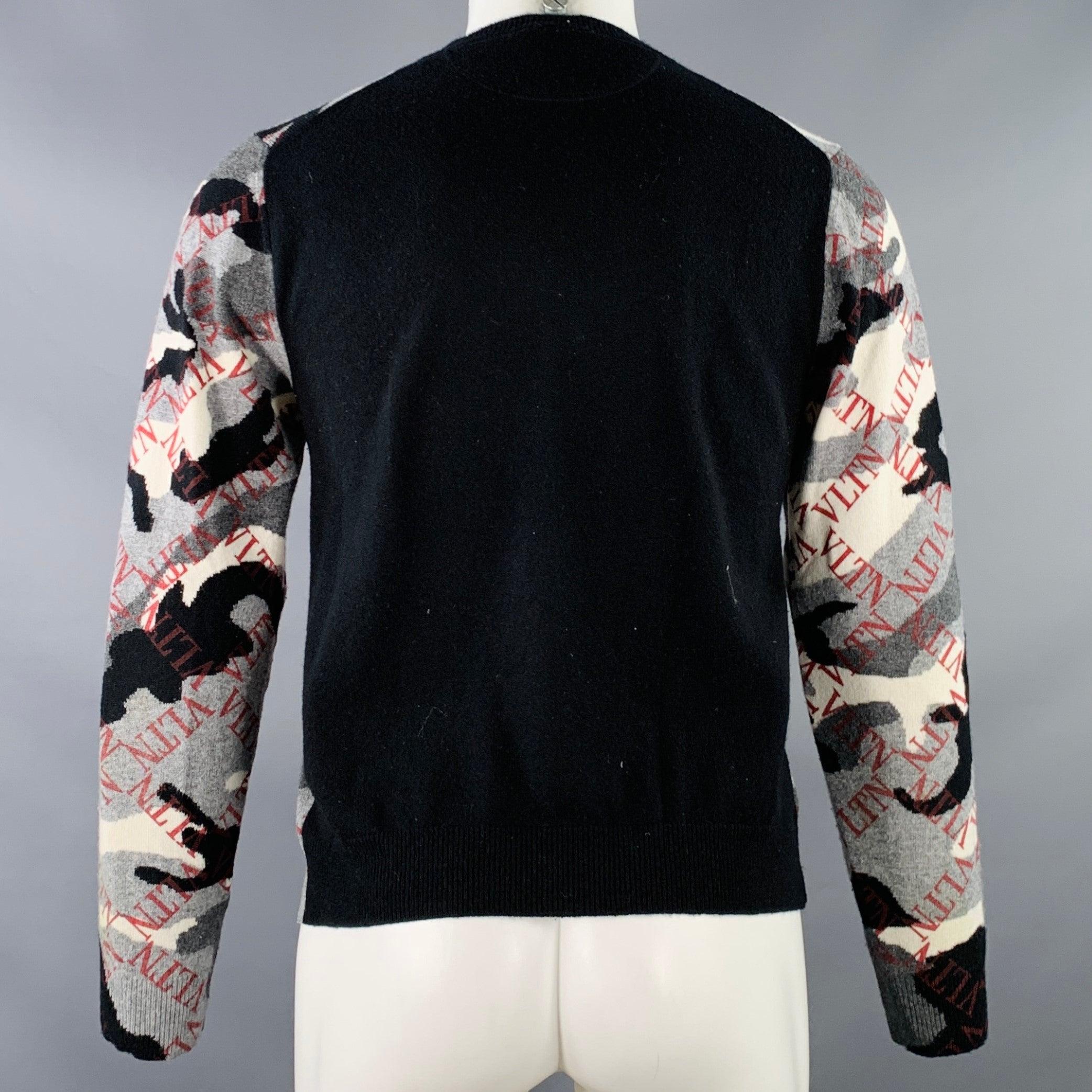 Gray VALENTINO Size S Grey Black White Knit Camouflage Logo Cashmere Crew Neck Pullover For Sale