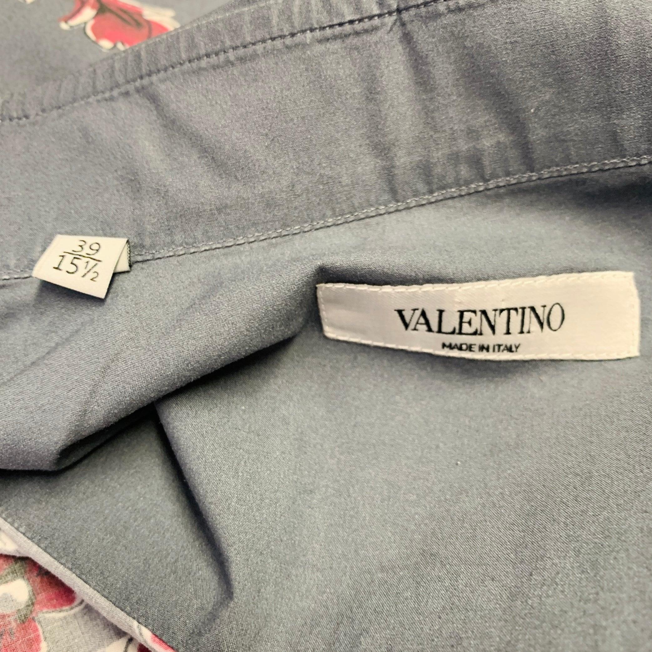 Men's VALENTINO Size S Grey Magenta Floral Cotton One Pocket Button Up Long Sleeve Shirt For Sale