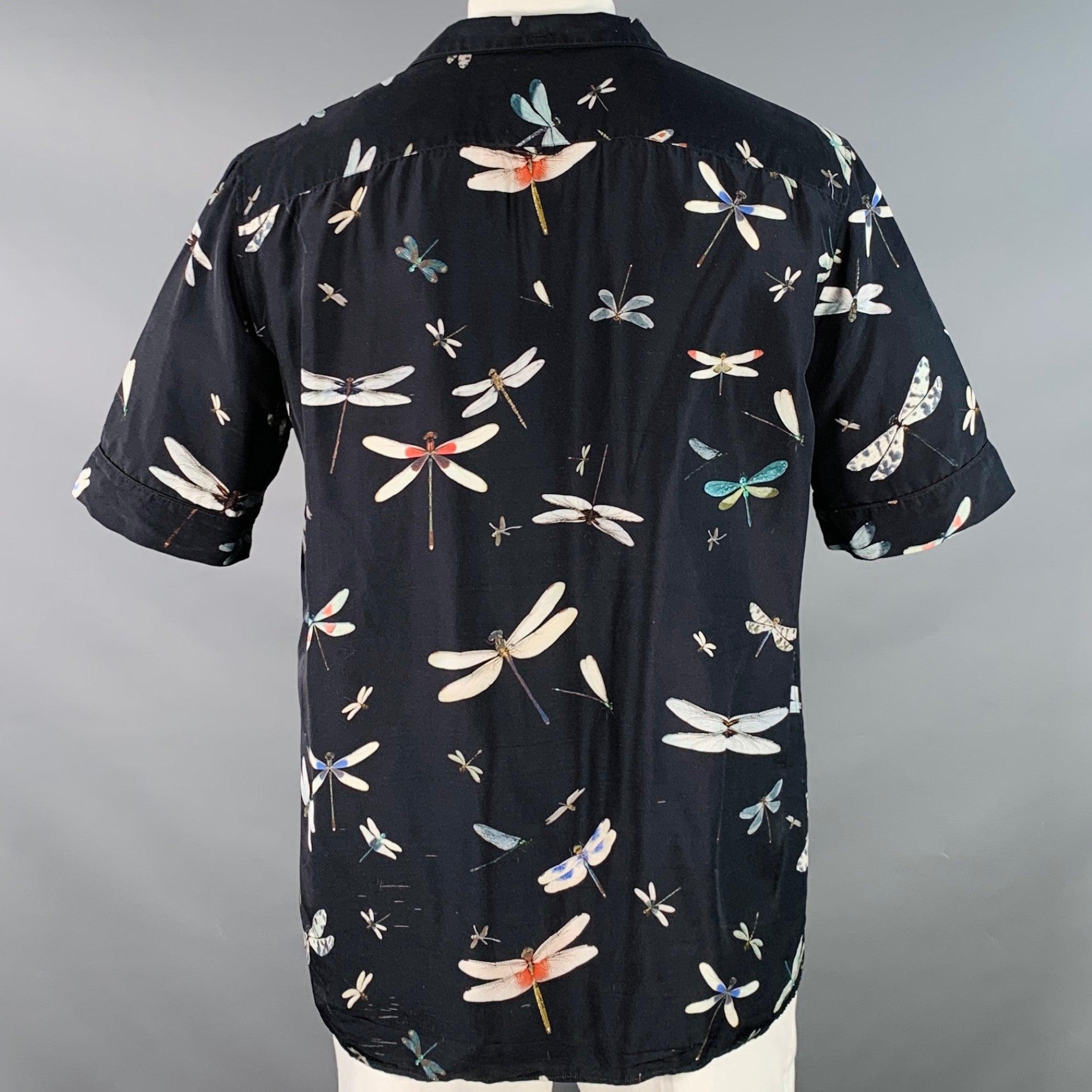 VALENTINO Größe XL Schwarz Multi Farbe Libellen Seide eine Tasche Camp Kurzarm-Shirt im Angebot 1