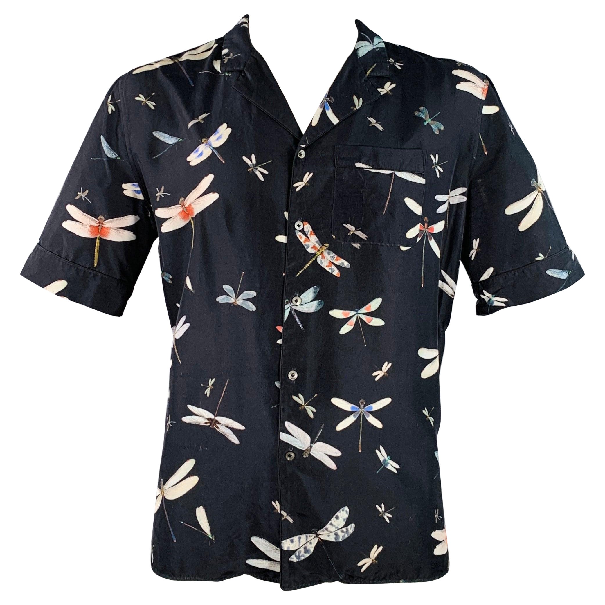 VALENTINO Size XL Black Multi Color Dragonflies Silk One Pocket Camp Short Sleeve Shirt