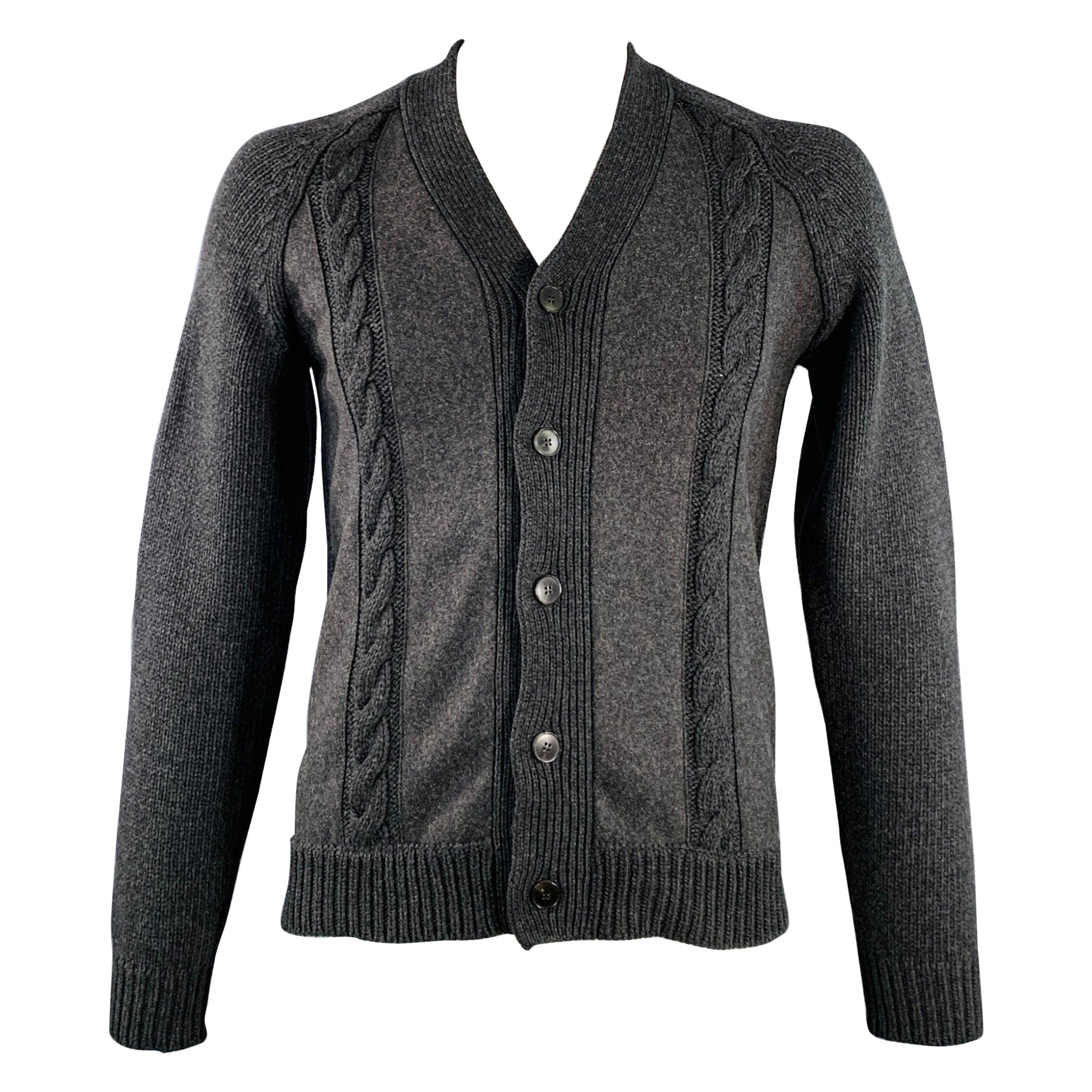 VALENTINO Size XL Charcoal Grey Cable Knit Virgin Wool Cashmere Cardigan For Sale