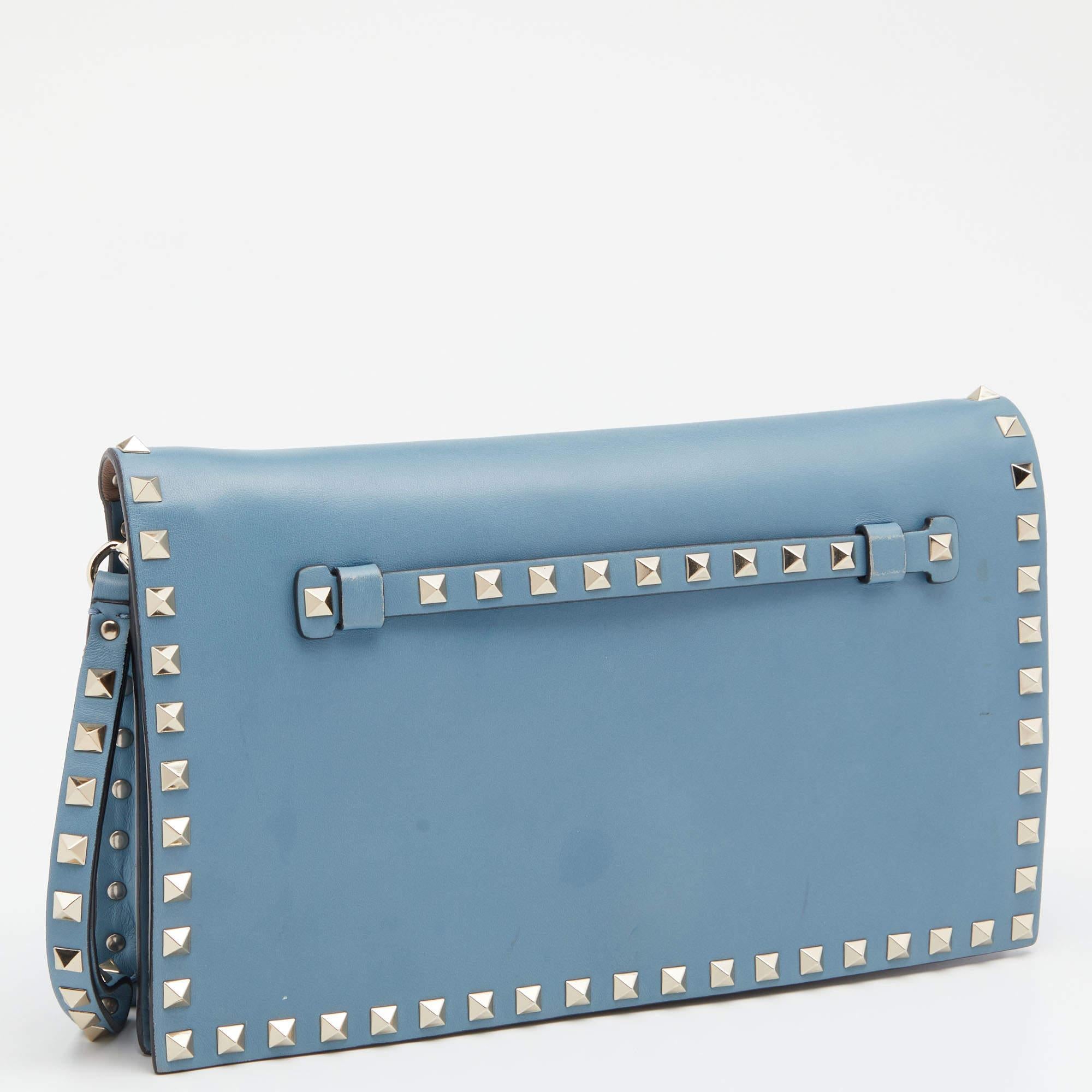 Valentino Sky Blue Leather Rockstud Clutch For Sale 1