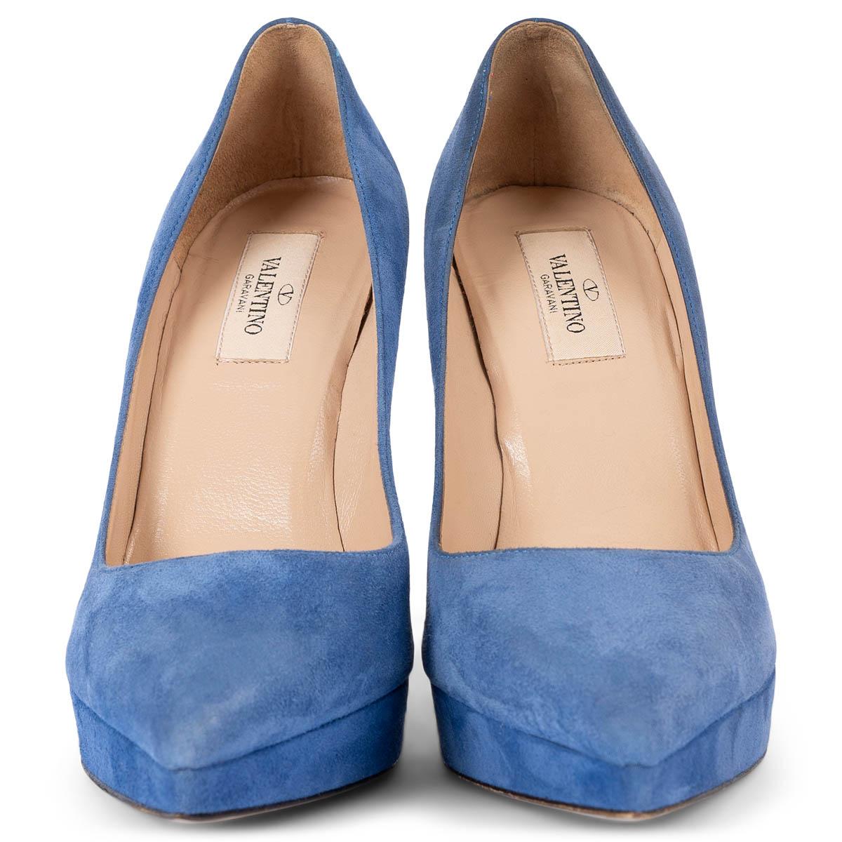 100% authentic Valentino pointed-toe platform pumps in sky blue suede. Have been worn once and are in virtually condition. 

Measurements
Imprinted Size	37
Shoe Size	37
Inside Sole	24cm (9.4in)
Width	7cm (2.7in)
Heel	12cm (4.7in)
Platform:	2cm
